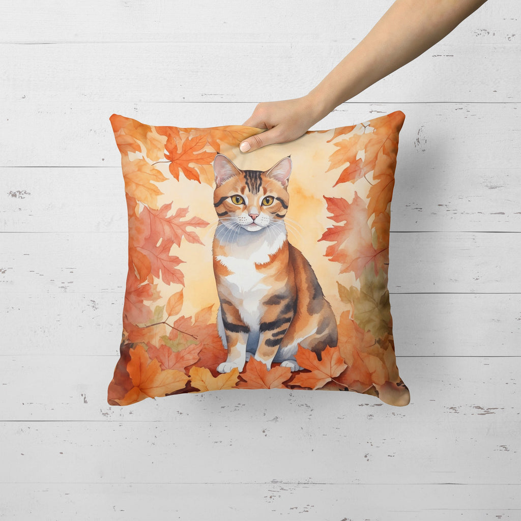 Korean Bobtail Cat in Fall Leaves Decorative Throw Pillow 18x18 Indoor Outdoor Accent Cushion, Fabric Cover with Insert for Sofa, Bed, Porch & Living Room