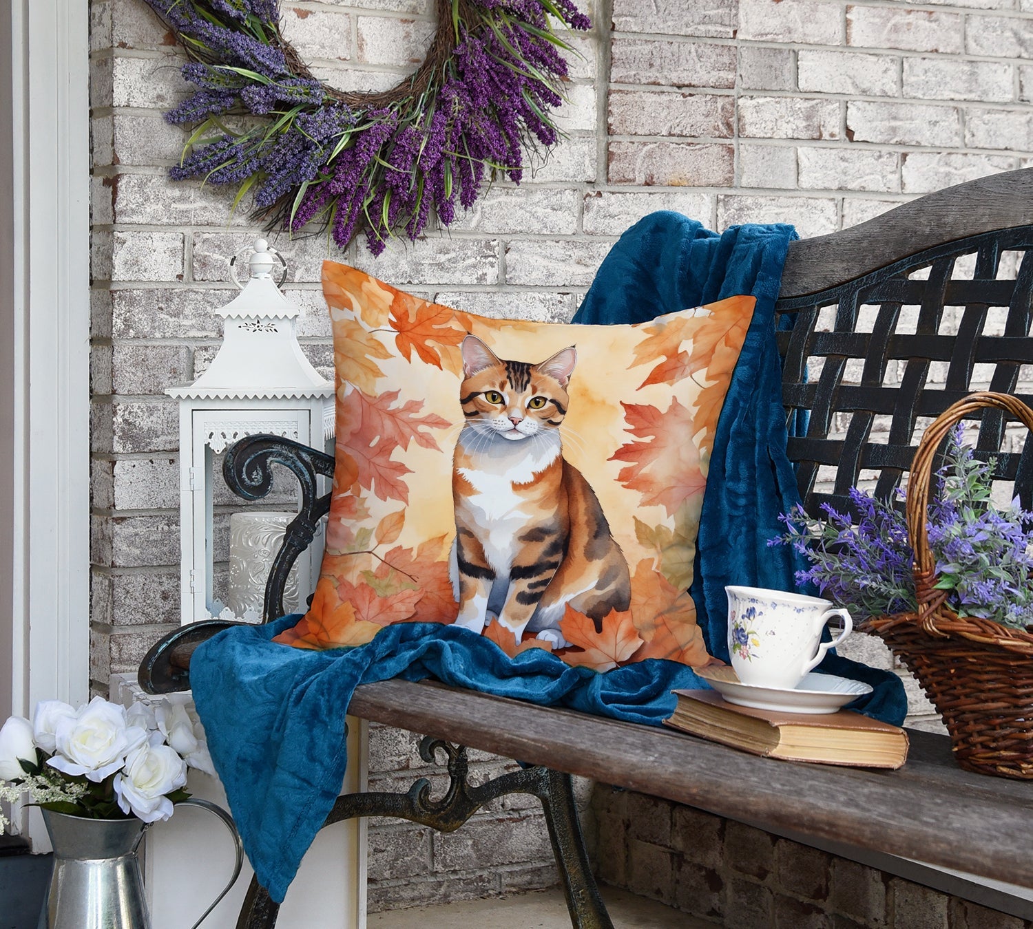 Korean Bobtail Cat in Fall Leaves Decorative Throw Pillow 18x18 Indoor Outdoor Accent Cushion, Fabric Cover with Insert for Sofa, Bed, Porch & Living Room