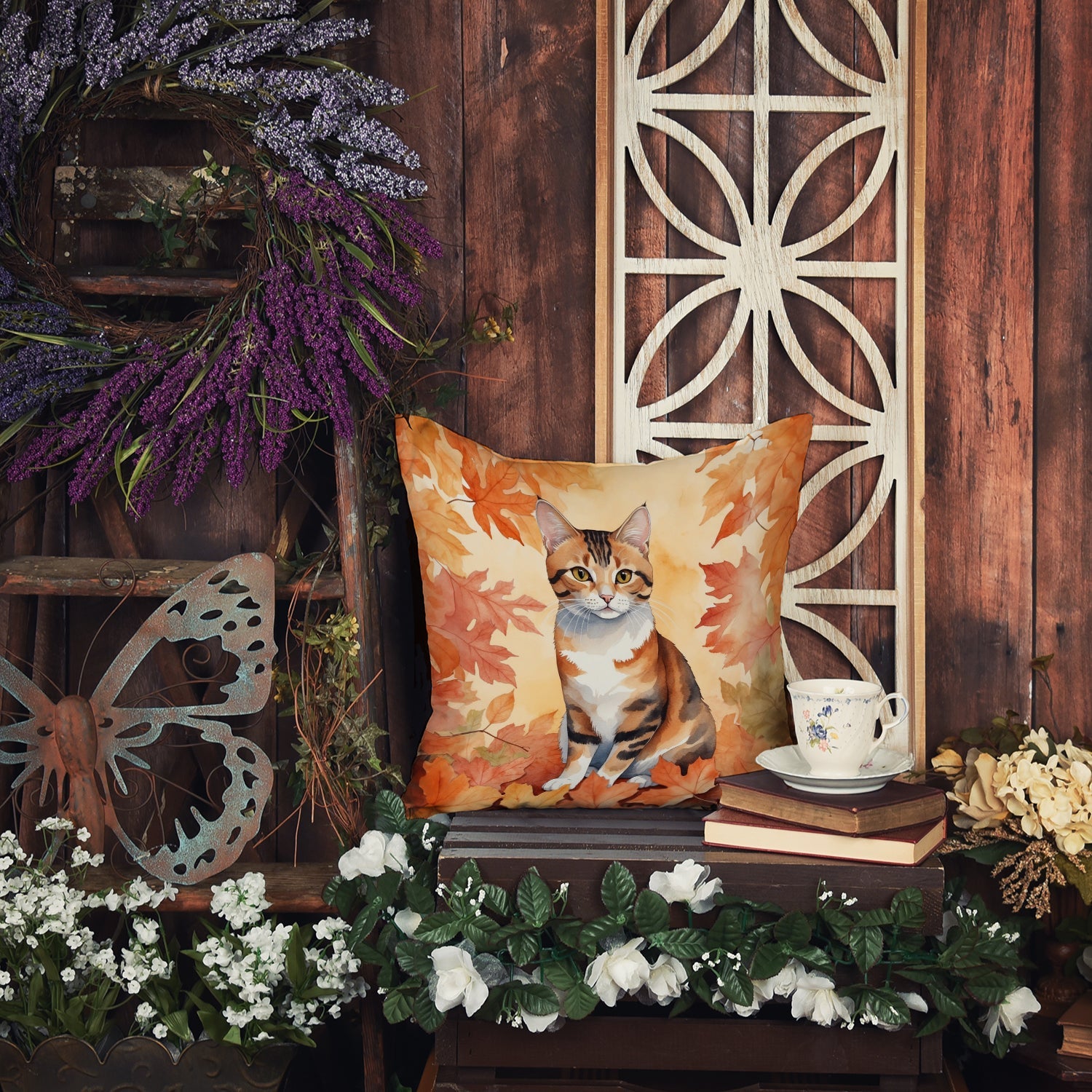 Korean Bobtail Cat in Fall Leaves Decorative Throw Pillow 18x18 Indoor Outdoor Accent Cushion, Fabric Cover with Insert for Sofa, Bed, Porch & Living Room