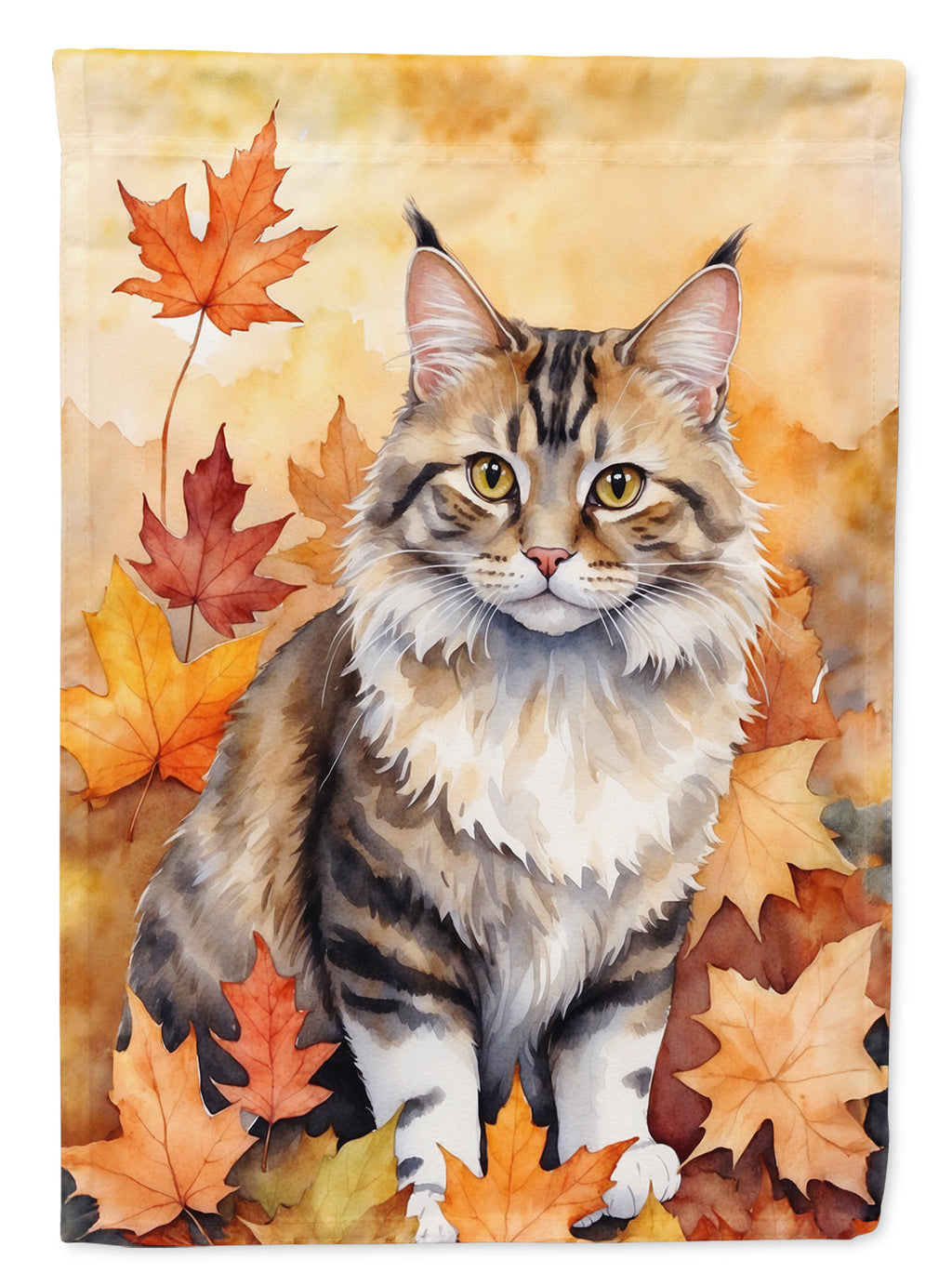 Kurilian Bobtail Cat in Fall Leaves House Flag 28x40 Porch Sleeve Pole Decorative Outside Yard Banner Artwork Wall Hanging, Polyester
