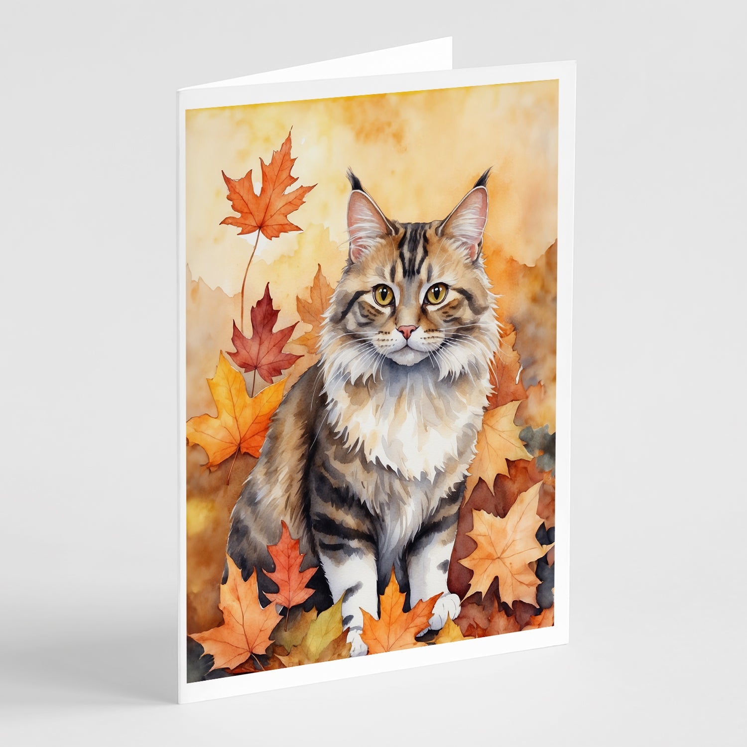 Kurilian Bobtail Cat in Fall Leaves Greeting Cards Pack of 8 Blank Cards with Envelopes Whimsical A7 Size 5x7