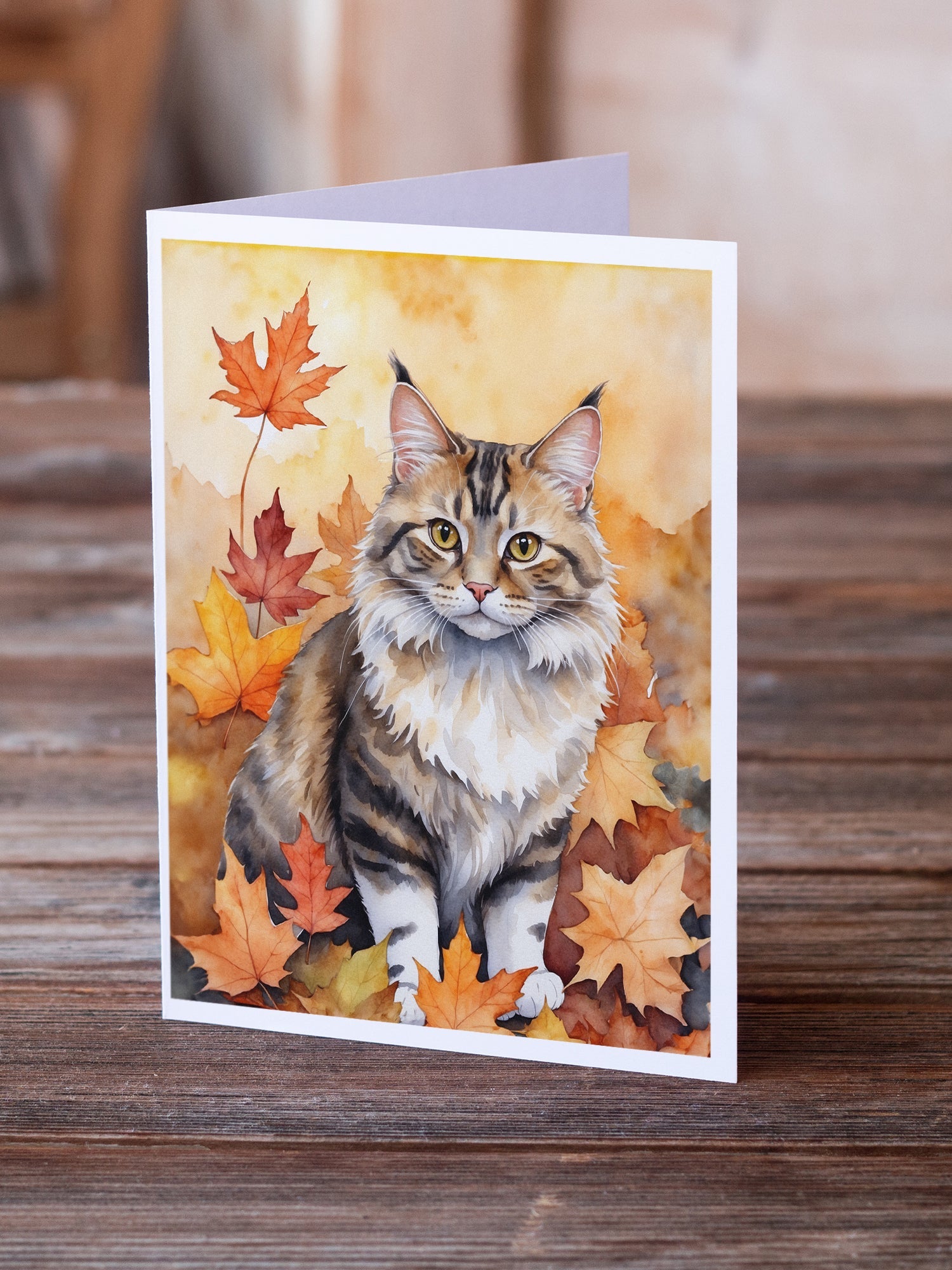 Kurilian Bobtail Cat in Fall Leaves Greeting Cards Pack of 8 Blank Cards with Envelopes Whimsical A7 Size 5x7