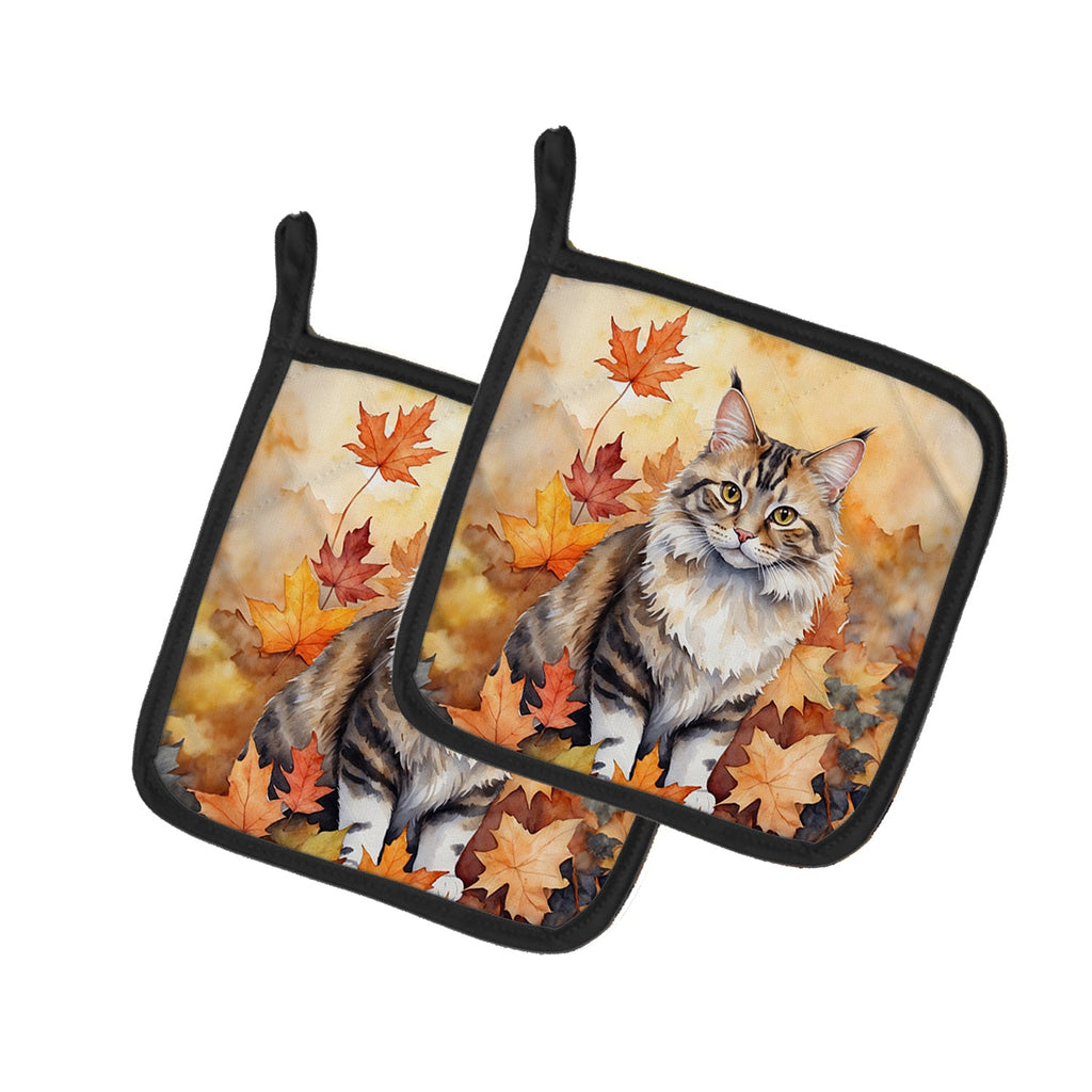 Kurilian Bobtail Cat in Fall Leaves Pot Holder Set of 2 Heat Resistant Quilted Hot Pads 7.5 x 7.5 Inch, Insulated Kitchen Trivets for Cooking & Baking