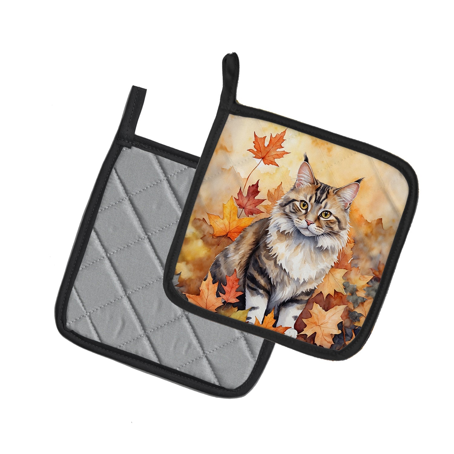 Kurilian Bobtail Cat in Fall Leaves Pot Holder Set of 2 Heat Resistant Quilted Hot Pads 7.5 x 7.5 Inch, Insulated Kitchen Trivets for Cooking & Baking
