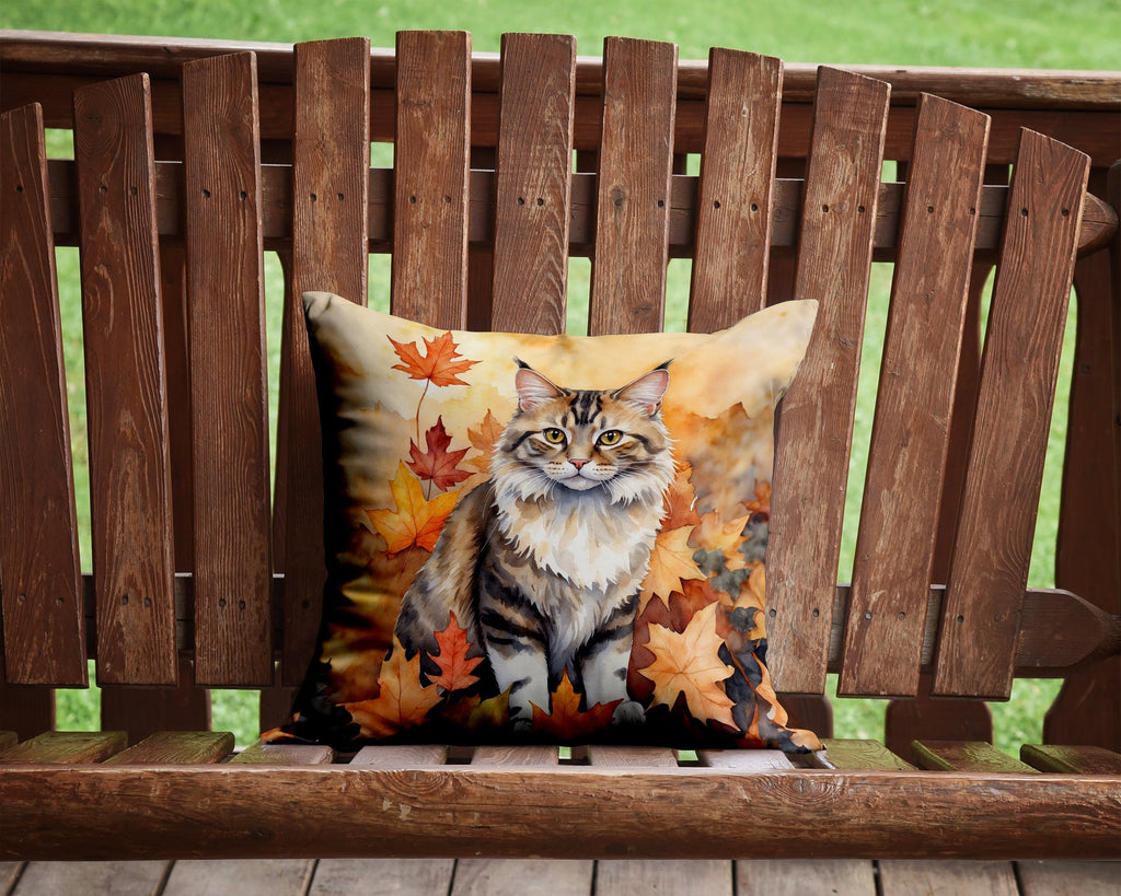 Kurilian Bobtail Cat in Fall Leaves Decorative Throw Pillow 14x14 Indoor Outdoor Accent Cushion, Fabric Cover with Insert for Sofa, Bed, Porch & Living Room