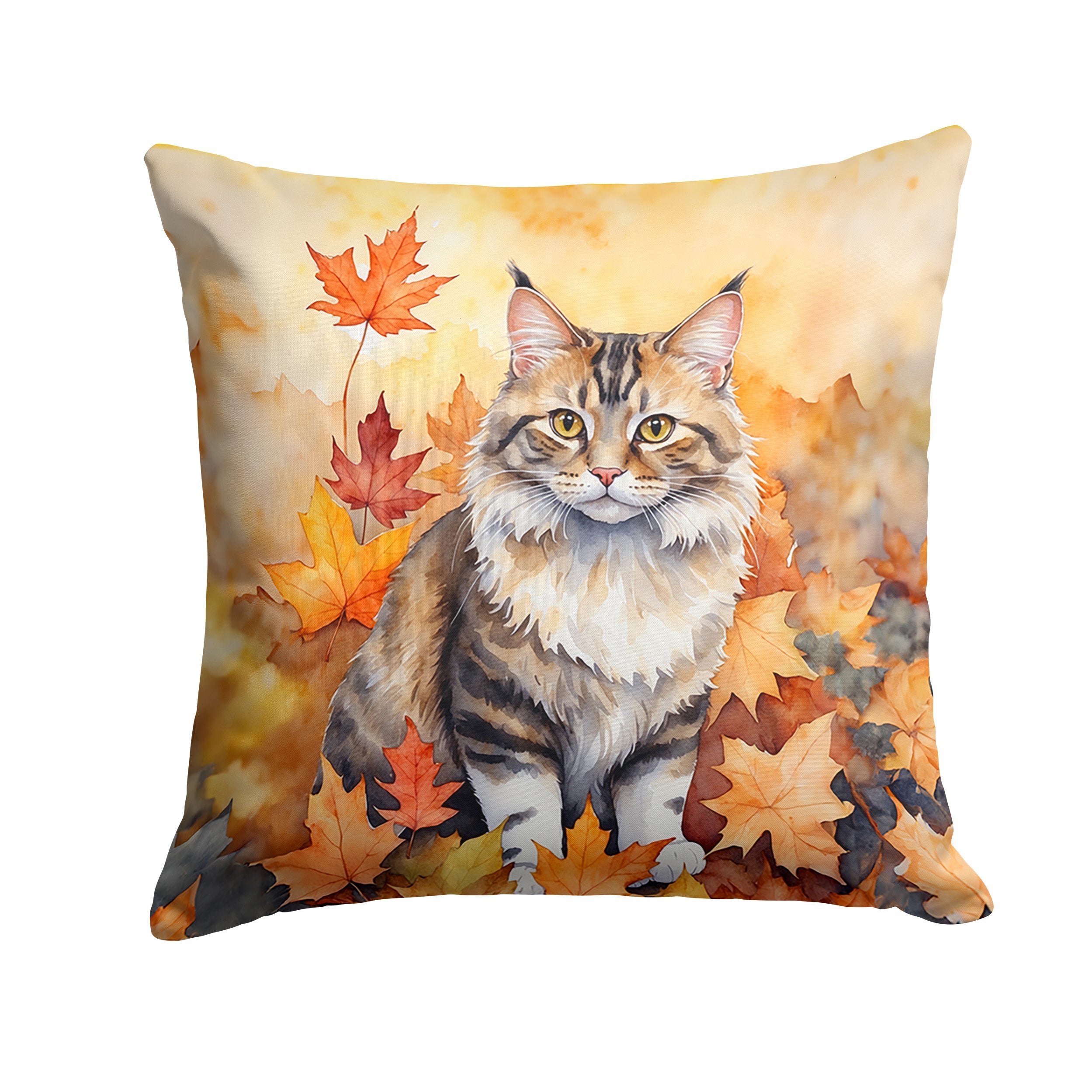 Kurilian Bobtail Cat in Fall Leaves Decorative Throw Pillow 18x18 Indoor Outdoor Accent Cushion, Fabric Cover with Insert for Sofa, Bed, Porch & Living Room