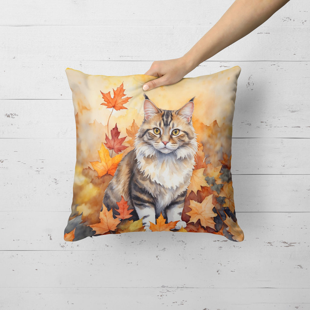 Kurilian Bobtail Cat in Fall Leaves Decorative Throw Pillow 18x18 Indoor Outdoor Accent Cushion, Fabric Cover with Insert for Sofa, Bed, Porch & Living Room