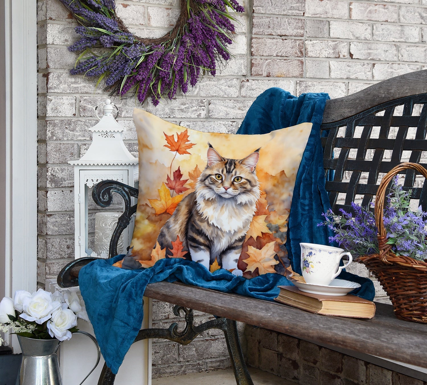 Kurilian Bobtail Cat in Fall Leaves Decorative Throw Pillow 18x18 Indoor Outdoor Accent Cushion, Fabric Cover with Insert for Sofa, Bed, Porch & Living Room