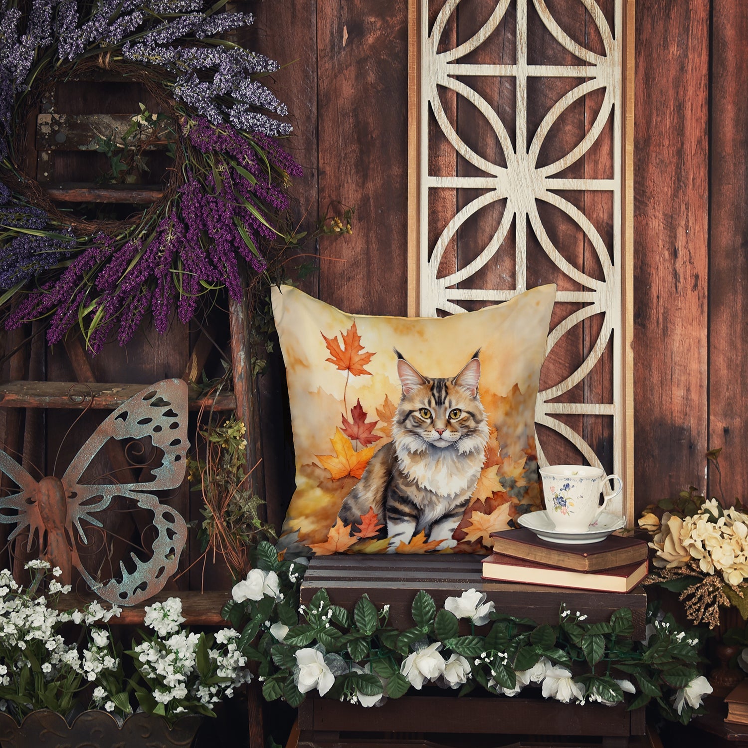 Kurilian Bobtail Cat in Fall Leaves Decorative Throw Pillow 18x18 Indoor Outdoor Accent Cushion, Fabric Cover with Insert for Sofa, Bed, Porch & Living Room
