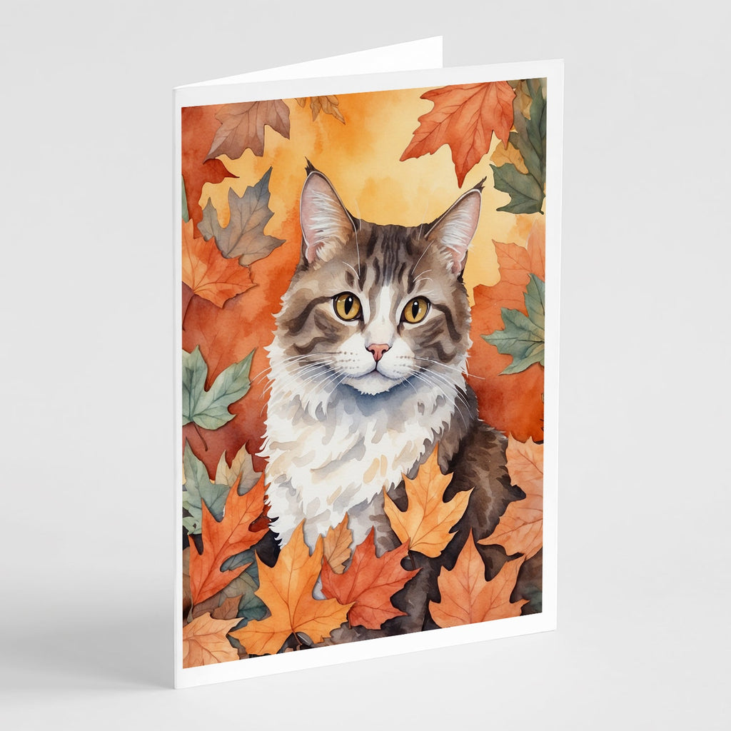 La Perm Cat in Fall Leaves Greeting Cards Pack of 8 Blank Cards with Envelopes Whimsical A7 Size 5x7