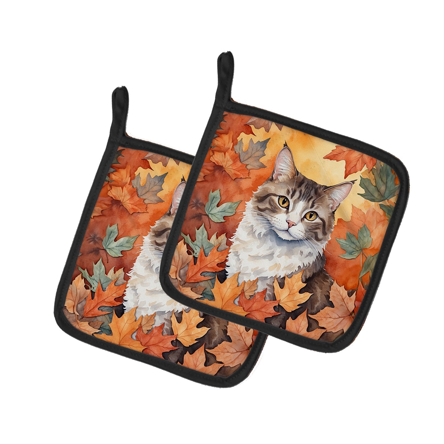 La Perm Cat in Fall Leaves Pot Holder Set of 2 Heat Resistant Quilted Hot Pads 7.5 x 7.5 Inch, Insulated Kitchen Trivets for Cooking & Baking