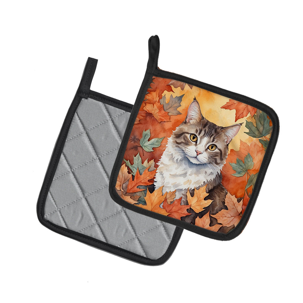 La Perm Cat in Fall Leaves Pot Holder Set of 2 Heat Resistant Quilted Hot Pads 7.5 x 7.5 Inch, Insulated Kitchen Trivets for Cooking & Baking