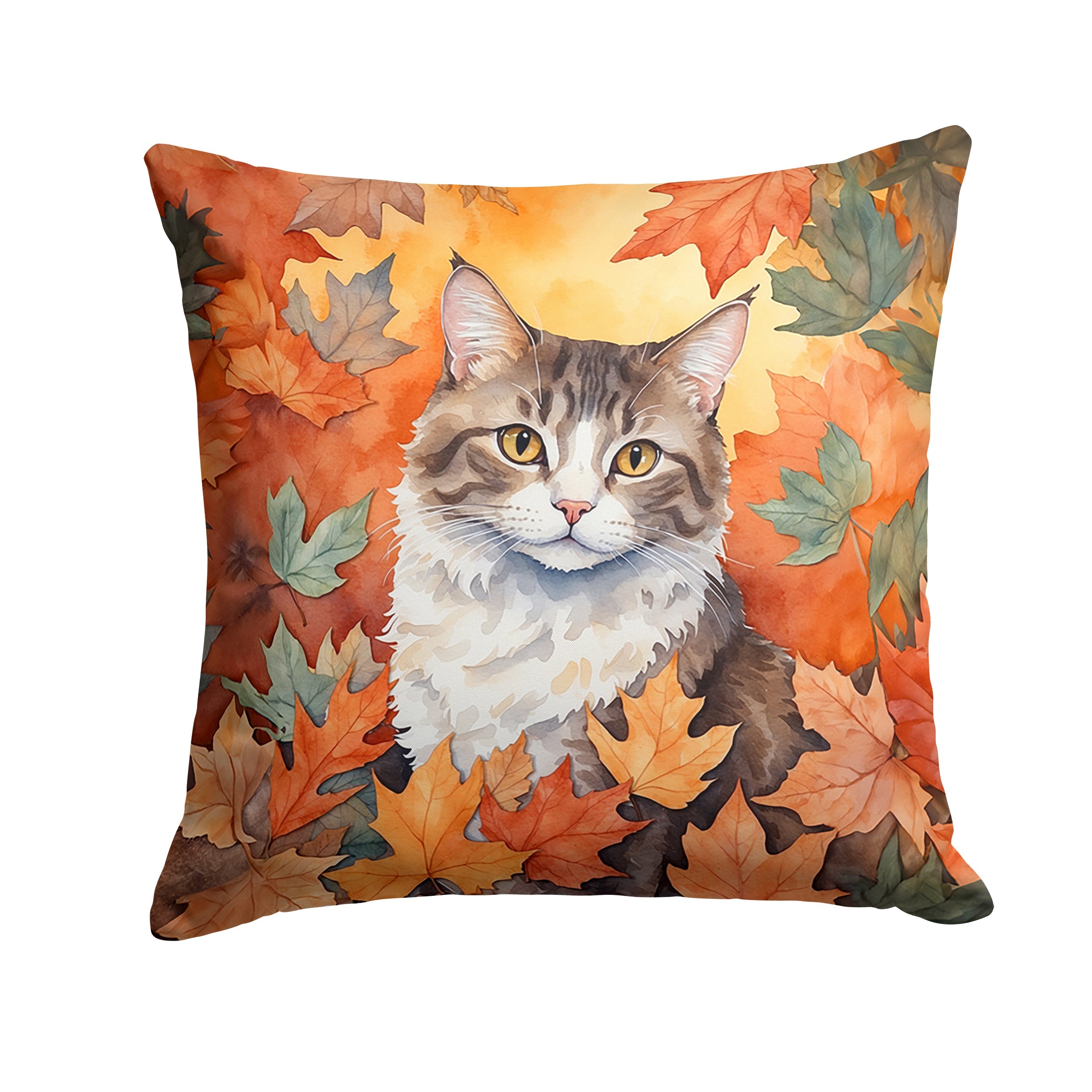 La Perm Cat in Fall Leaves Decorative Throw Pillow 14x14 Indoor Outdoor Accent Cushion, Fabric Cover with Insert for Sofa, Bed, Porch & Living Room