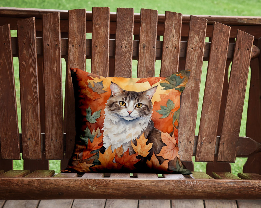 La Perm Cat in Fall Leaves Decorative Throw Pillow 14x14 Indoor Outdoor Accent Cushion, Fabric Cover with Insert for Sofa, Bed, Porch & Living Room