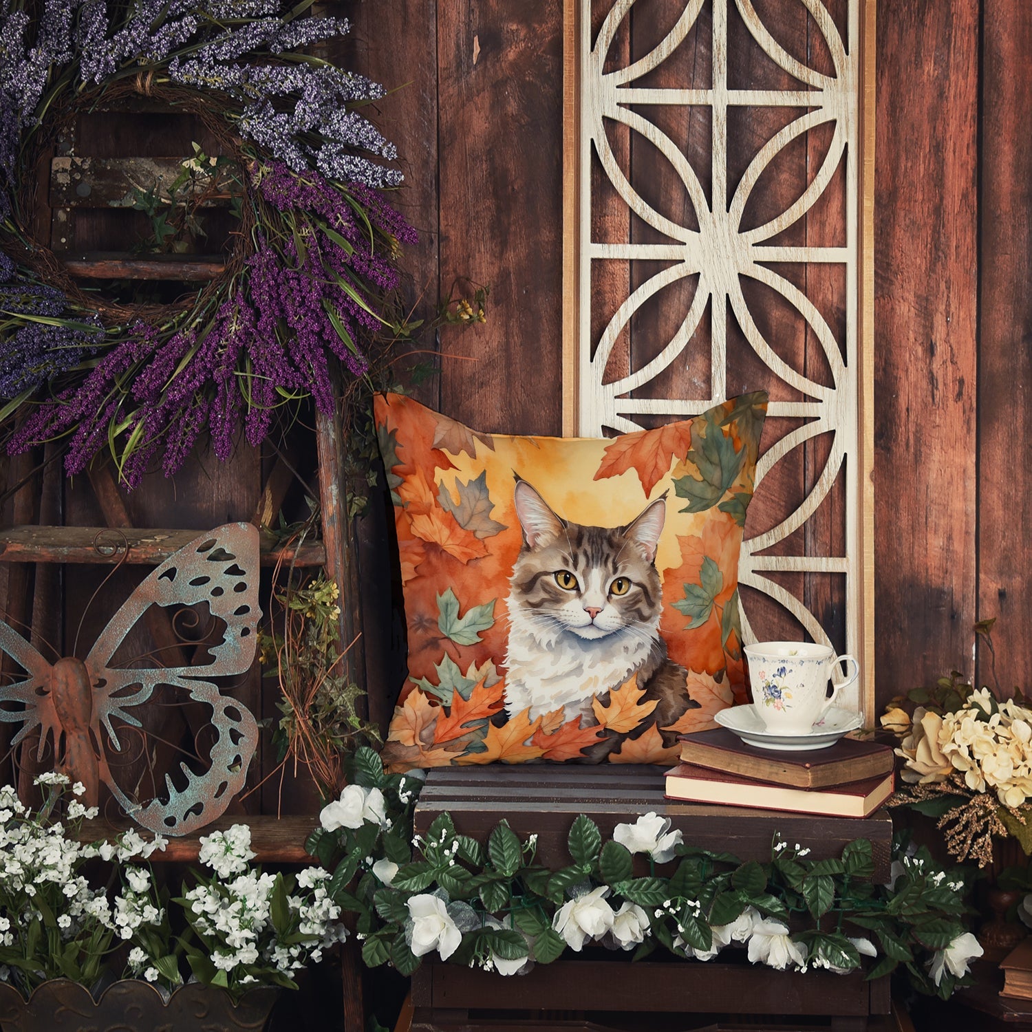 La Perm Cat in Fall Leaves Decorative Throw Pillow 18x18 Indoor Outdoor Accent Cushion, Fabric Cover with Insert for Sofa, Bed, Porch & Living Room
