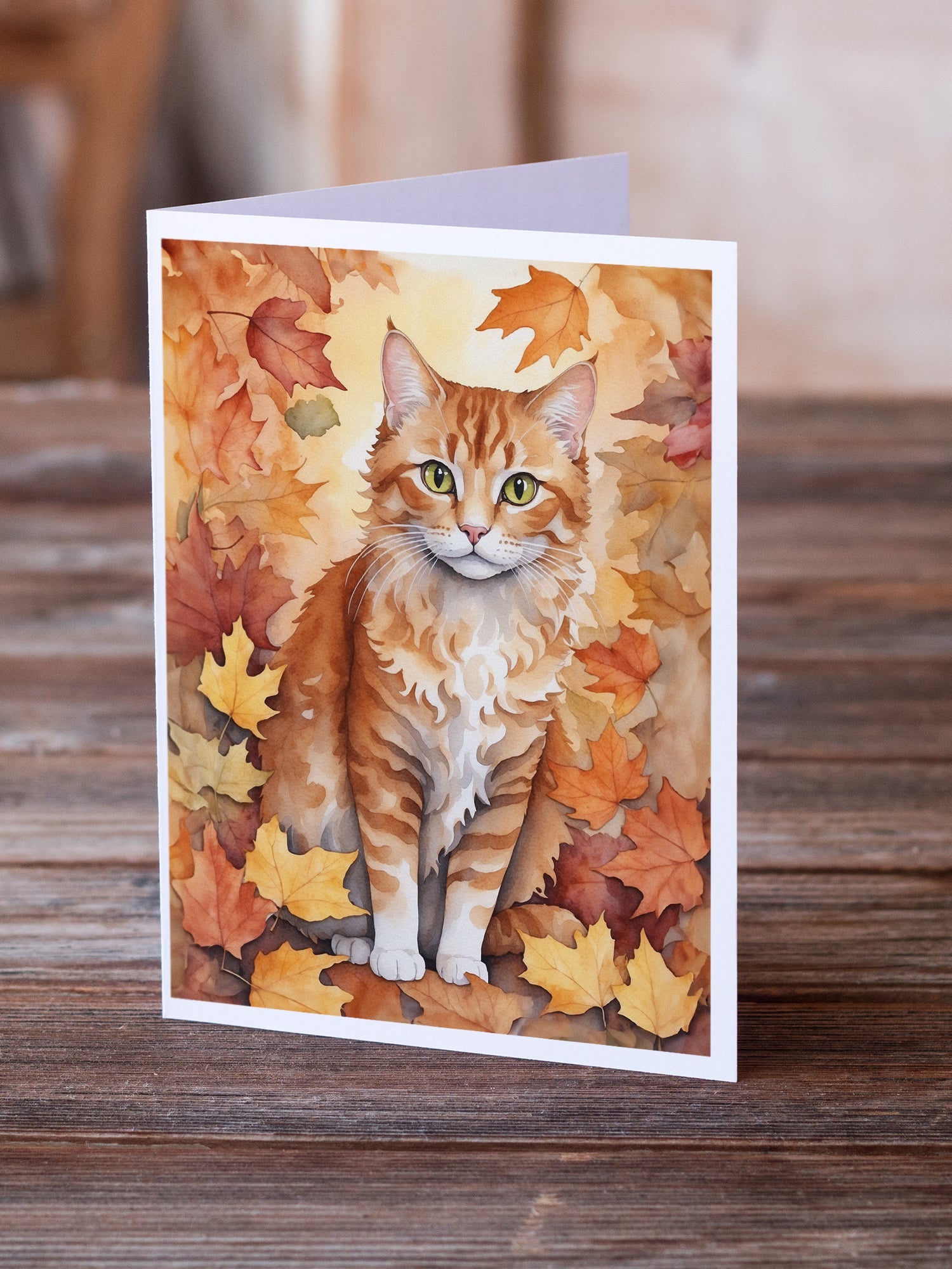 La Perm Cat in Fall Leaves Greeting Cards Pack of 8 Blank Cards with Envelopes Whimsical A7 Size 5x7