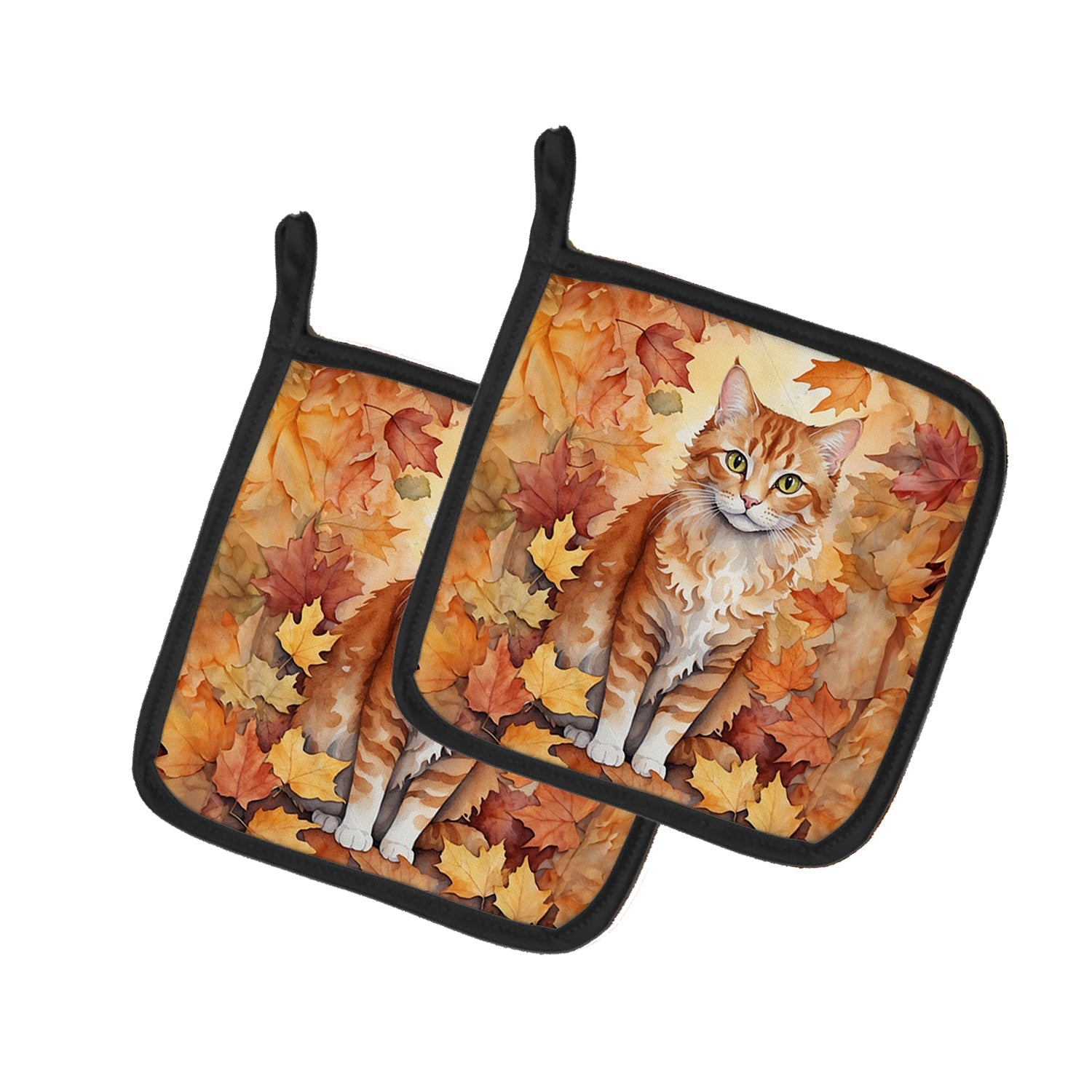 La Perm Cat in Fall Leaves Pot Holder Set of 2 Heat Resistant Quilted Hot Pads 7.5 x 7.5 Inch, Insulated Kitchen Trivets for Cooking & Baking