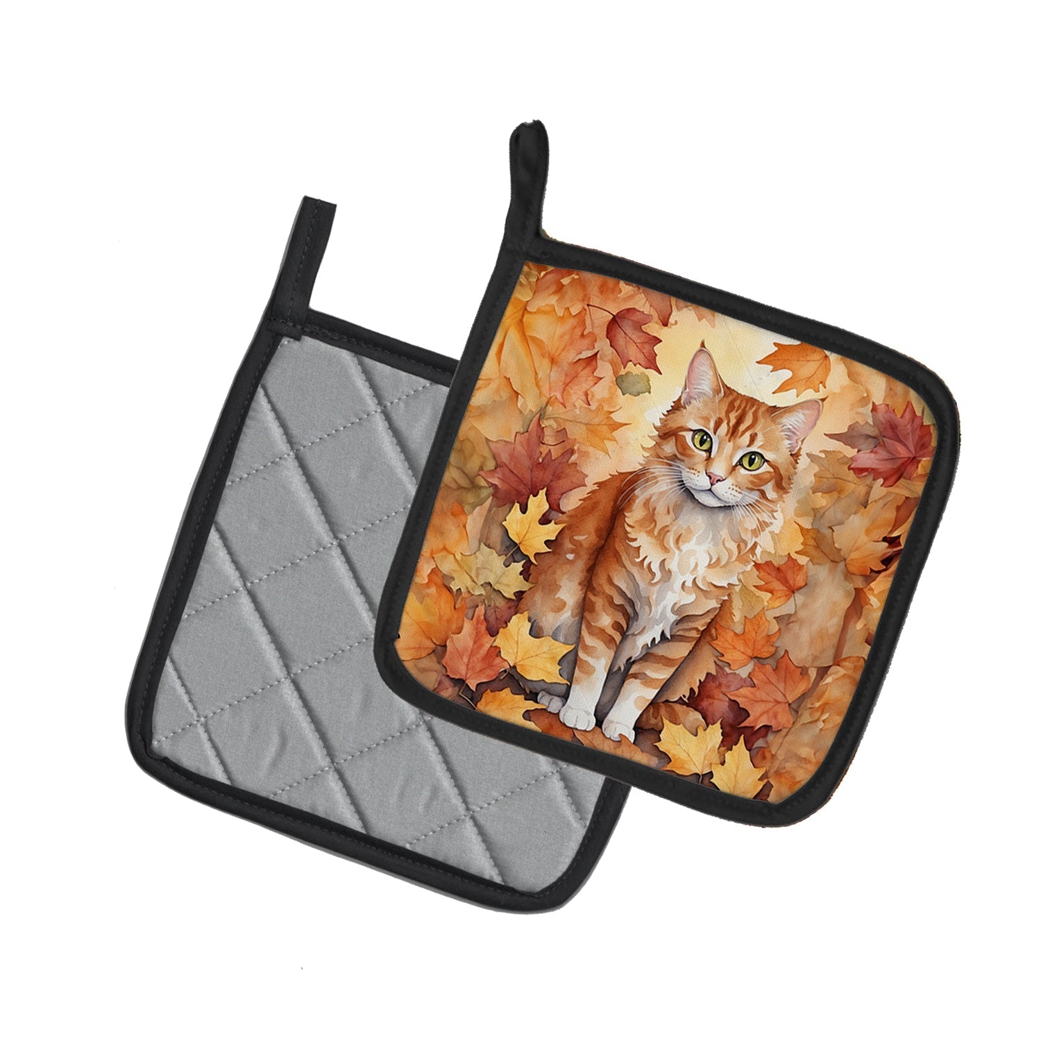 La Perm Cat in Fall Leaves Pot Holder Set of 2 Heat Resistant Quilted Hot Pads 7.5 x 7.5 Inch, Insulated Kitchen Trivets for Cooking & Baking