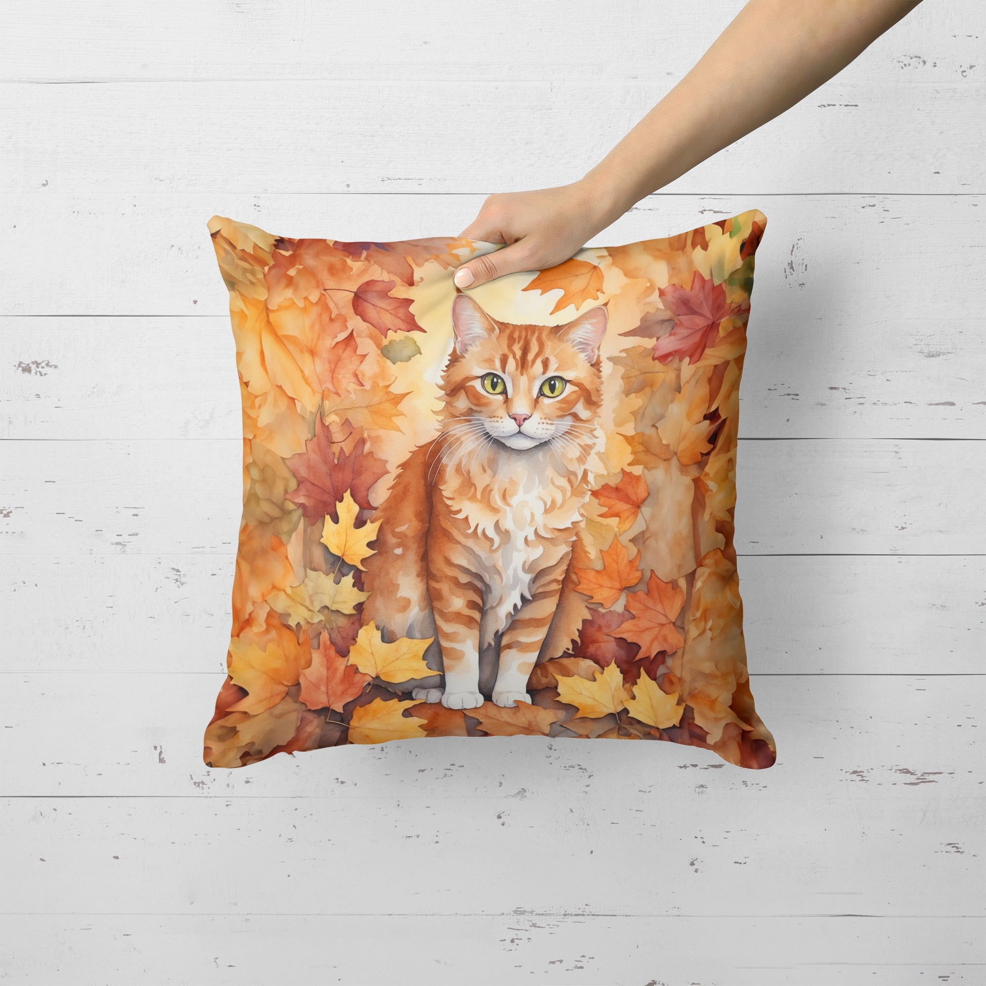 La Perm Cat in Fall Leaves Decorative Throw Pillow 18x18 Indoor Outdoor Accent Cushion, Fabric Cover with Insert for Sofa, Bed, Porch & Living Room
