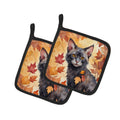 Lykoi Cat in Fall Leaves Pot Holder Set of 2 Heat Resistant Quilted Hot Pads 7.5 x 7.5 Inch, Insulated Kitchen Trivets for Cooking & Baking