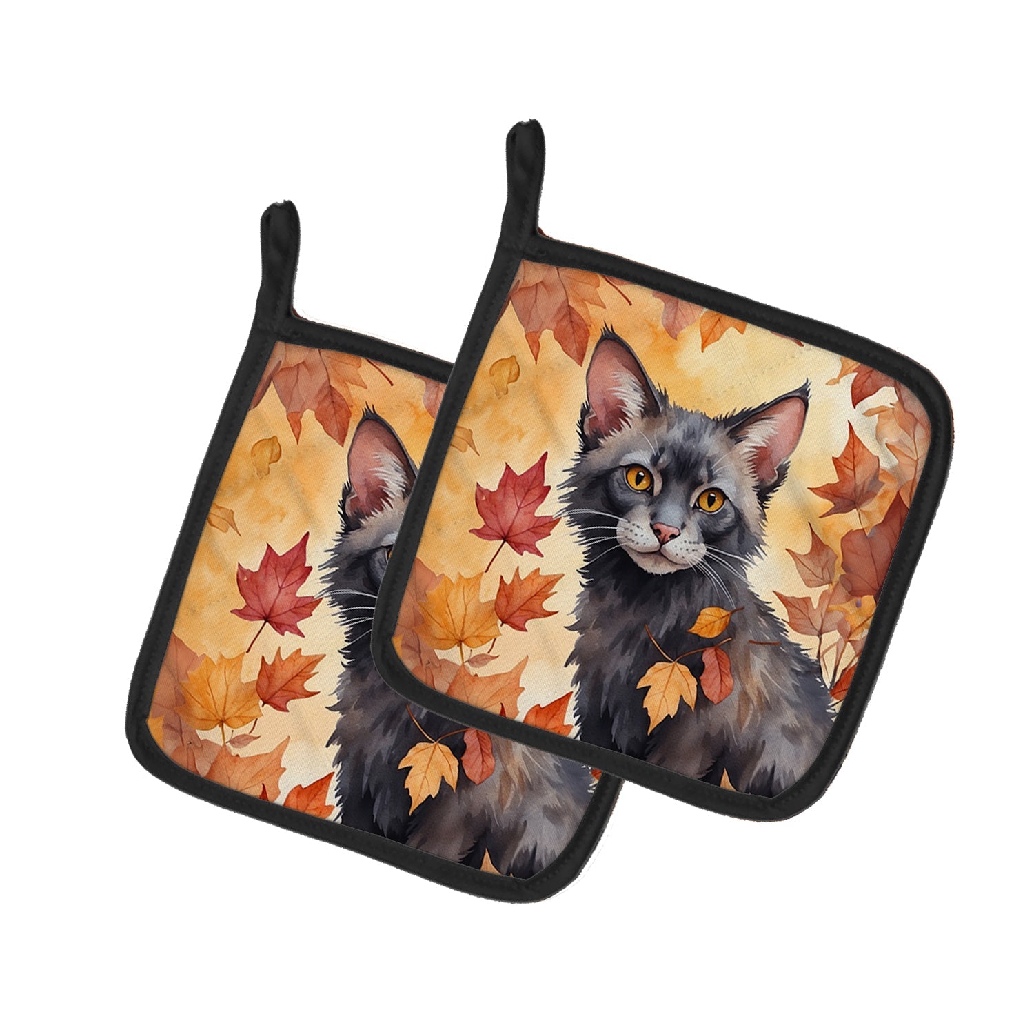 Lykoi Cat in Fall Leaves Pot Holder Set of 2 Heat Resistant Quilted Hot Pads 7.5 x 7.5 Inch, Insulated Kitchen Trivets for Cooking & Baking