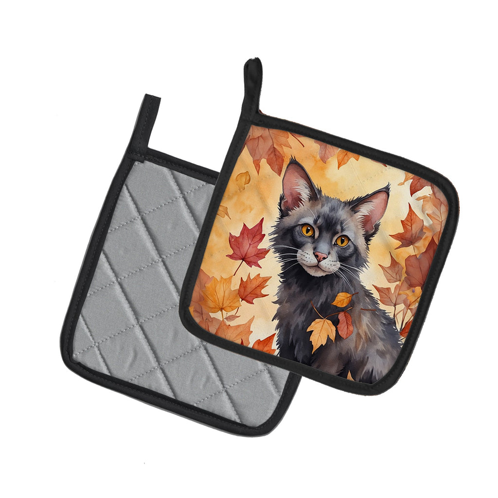 Lykoi Cat in Fall Leaves Pot Holder Set of 2 Heat Resistant Quilted Hot Pads 7.5 x 7.5 Inch, Insulated Kitchen Trivets for Cooking & Baking