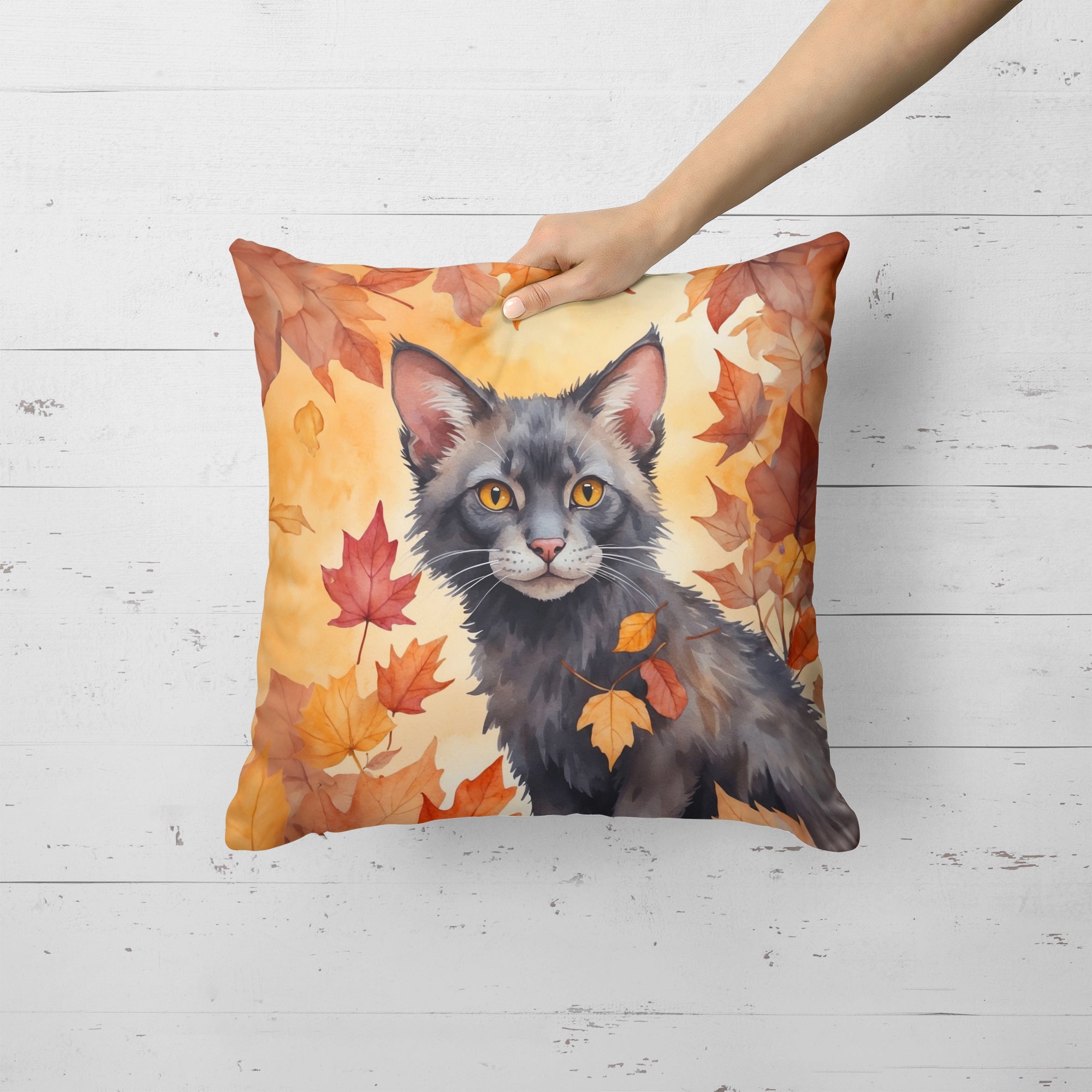 Lykoi Cat in Fall Leaves Decorative Throw Pillow 18x18 Indoor Outdoor Accent Cushion, Fabric Cover with Insert for Sofa, Bed, Porch & Living Room