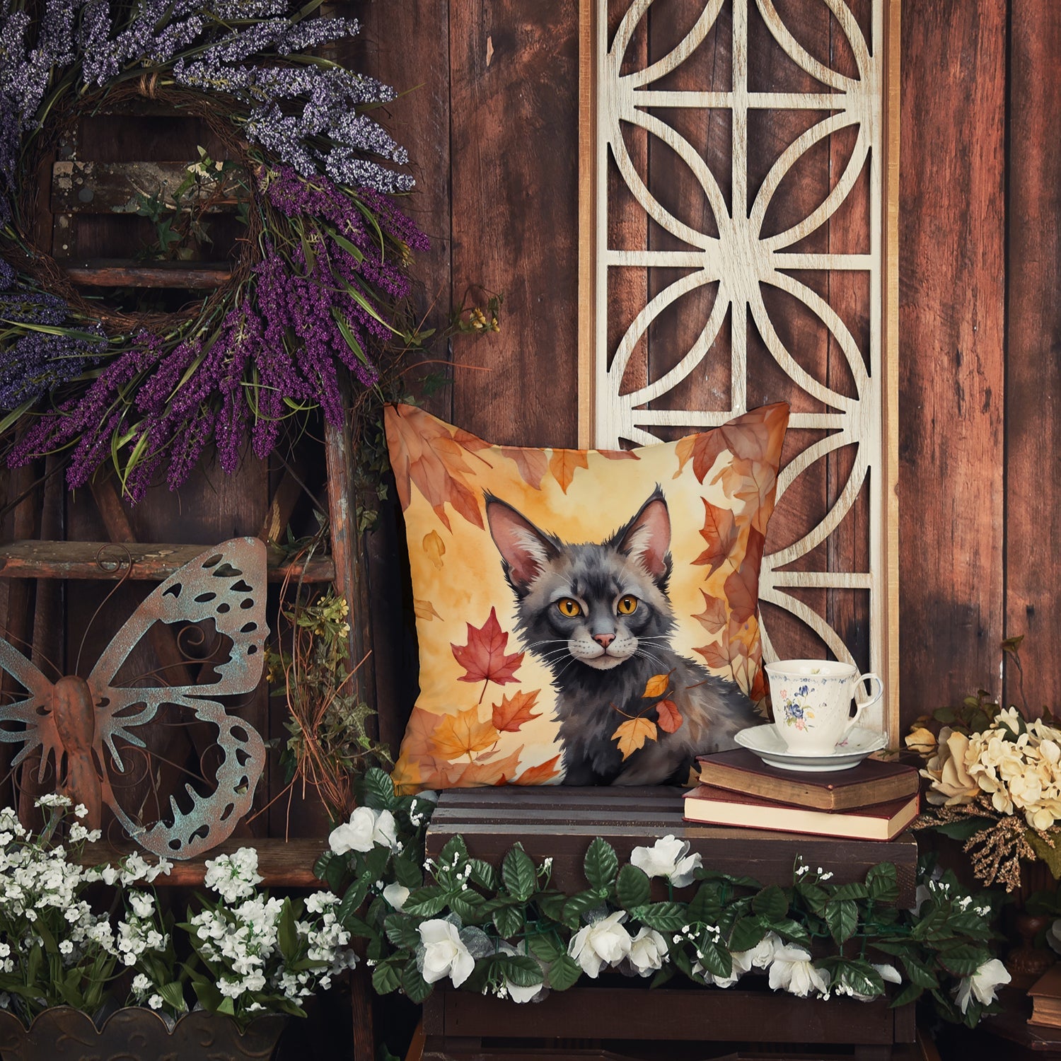 Lykoi Cat in Fall Leaves Decorative Throw Pillow 18x18 Indoor Outdoor Accent Cushion, Fabric Cover with Insert for Sofa, Bed, Porch & Living Room
