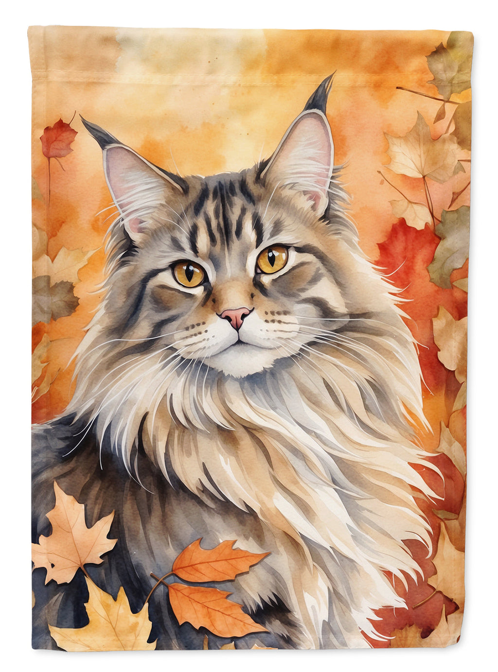 MaineCoon Cat in Fall Leaves House Flag 28x40 Porch Sleeve Pole Decorative Outside Yard Banner Artwork Wall Hanging, Polyester