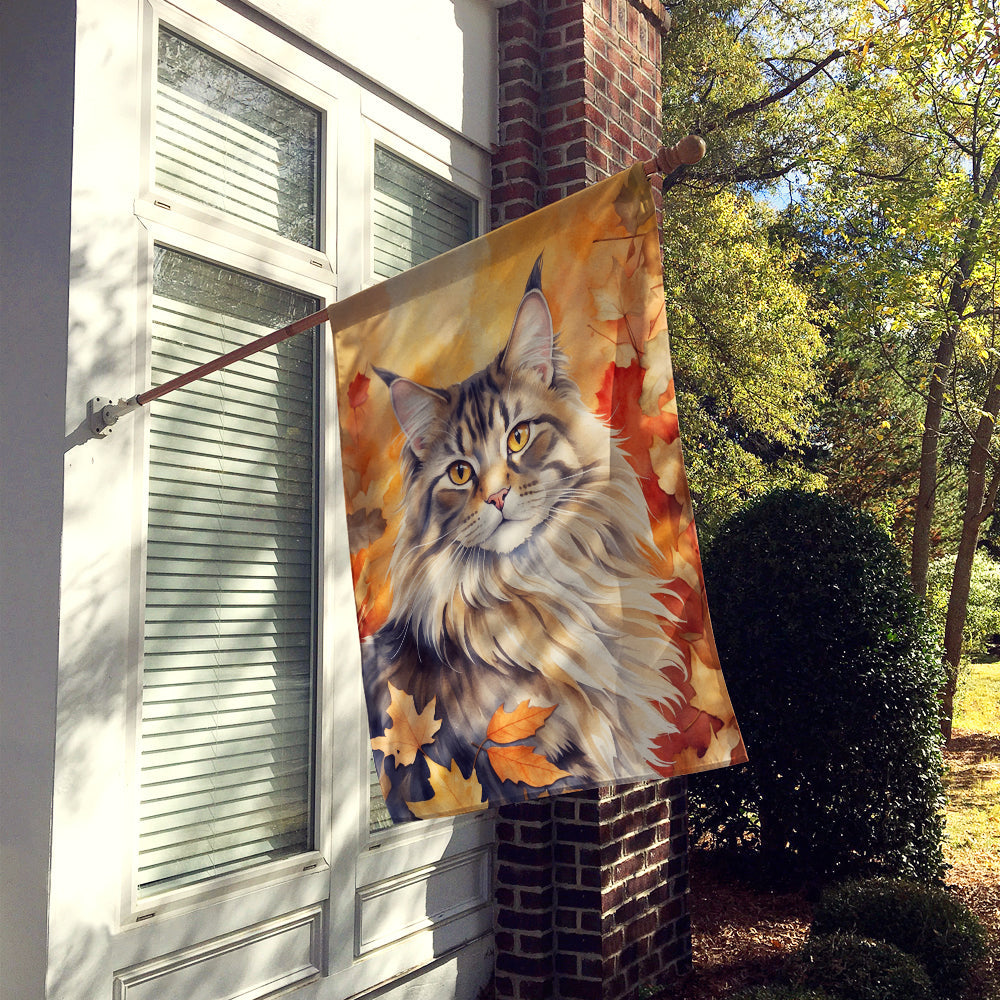 MaineCoon Cat in Fall Leaves House Flag 28x40 Porch Sleeve Pole Decorative Outside Yard Banner Artwork Wall Hanging, Polyester