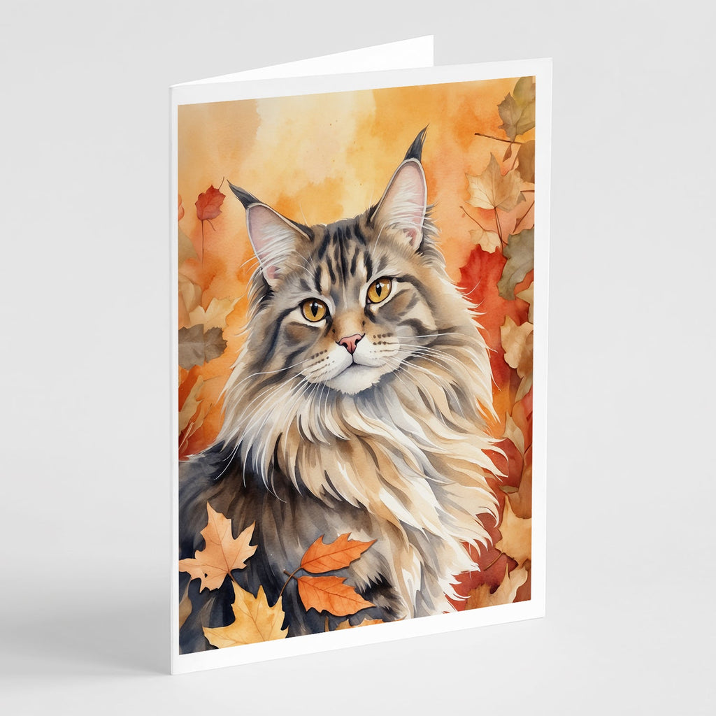 MaineCoon Cat in Fall Leaves Greeting Cards Pack of 8 Blank Cards with Envelopes Whimsical A7 Size 5x7