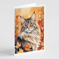 MaineCoon Cat in Fall Leaves Greeting Cards Pack of 8 Blank Cards with Envelopes Whimsical A7 Size 5x7