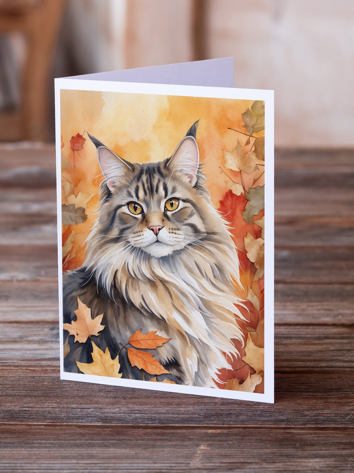 MaineCoon Cat in Fall Leaves Greeting Cards Pack of 8 Blank Cards with Envelopes Whimsical A7 Size 5x7