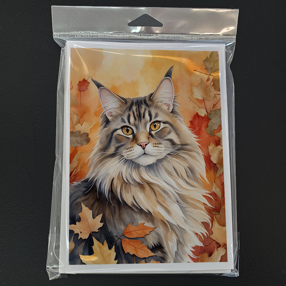 MaineCoon Cat in Fall Leaves Greeting Cards Pack of 8 Blank Cards with Envelopes Whimsical A7 Size 5x7