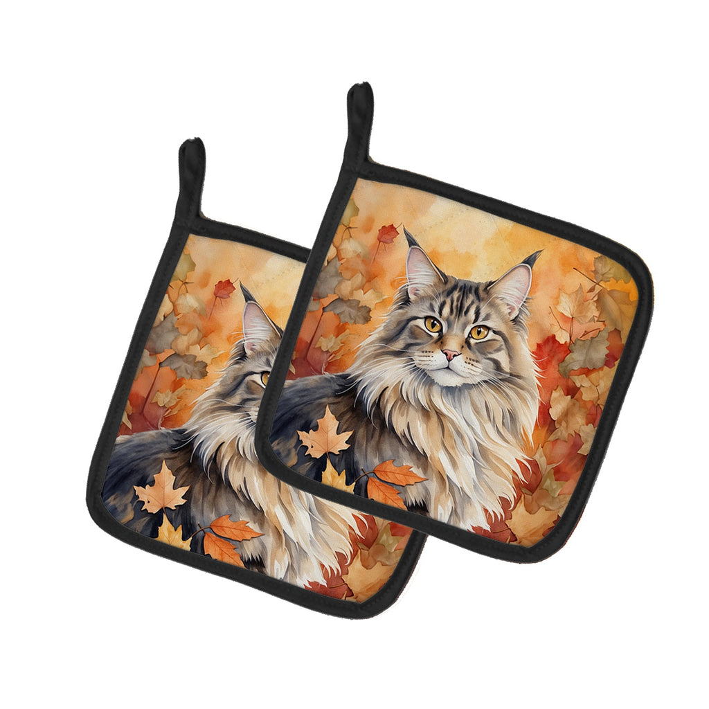 MaineCoon Cat in Fall Leaves Pot Holder Set of 2 Heat Resistant Quilted Hot Pads 7.5 x 7.5 Inch, Insulated Kitchen Trivets for Cooking & Baking