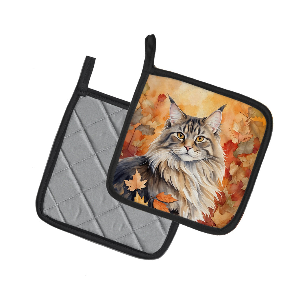 MaineCoon Cat in Fall Leaves Pot Holder Set of 2 Heat Resistant Quilted Hot Pads 7.5 x 7.5 Inch, Insulated Kitchen Trivets for Cooking & Baking