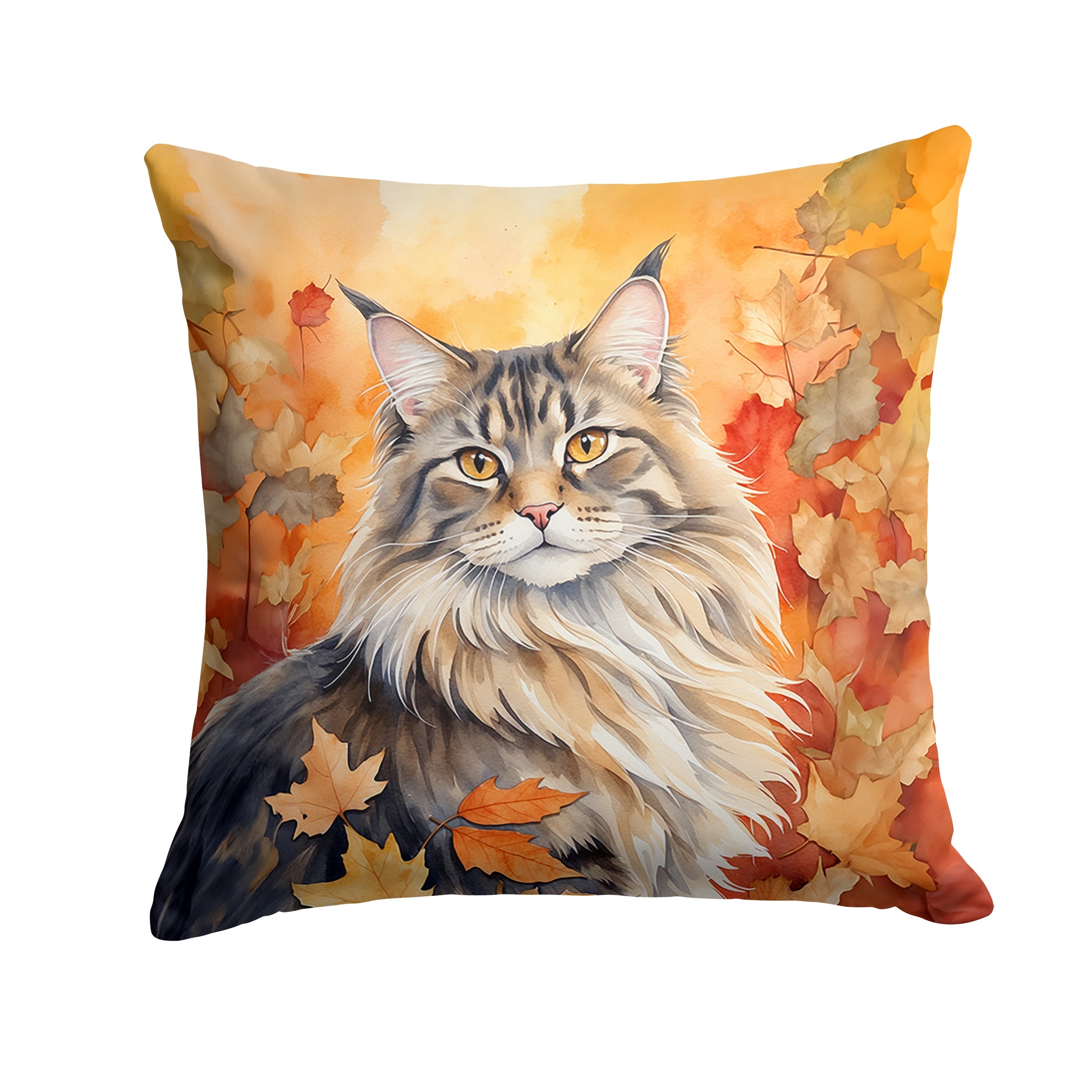 MaineCoon Cat in Fall Leaves Decorative Throw Pillow 14x14 Indoor Outdoor Accent Cushion, Fabric Cover with Insert for Sofa, Bed, Porch & Living Room