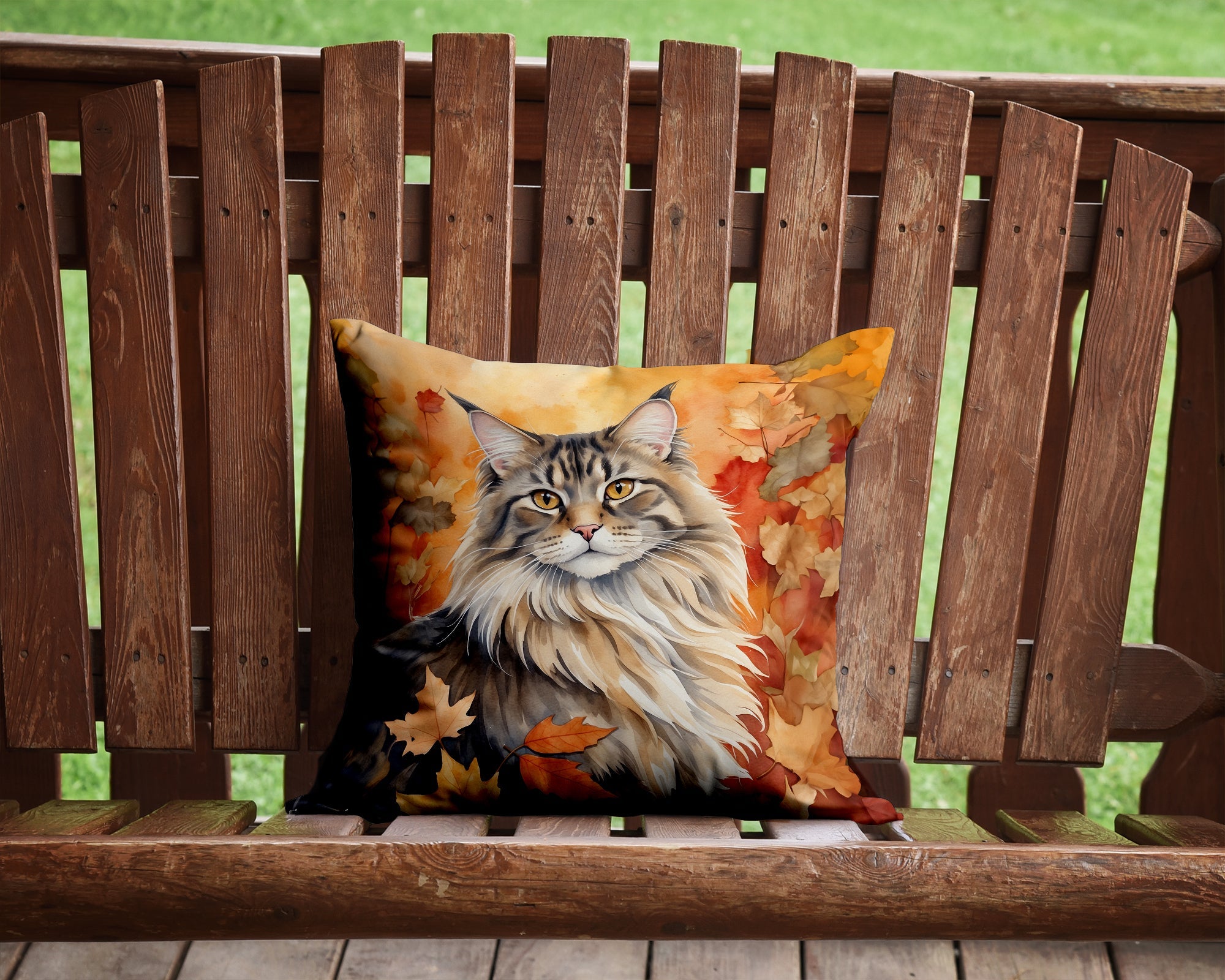MaineCoon Cat in Fall Leaves Decorative Throw Pillow 14x14 Indoor Outdoor Accent Cushion, Fabric Cover with Insert for Sofa, Bed, Porch & Living Room