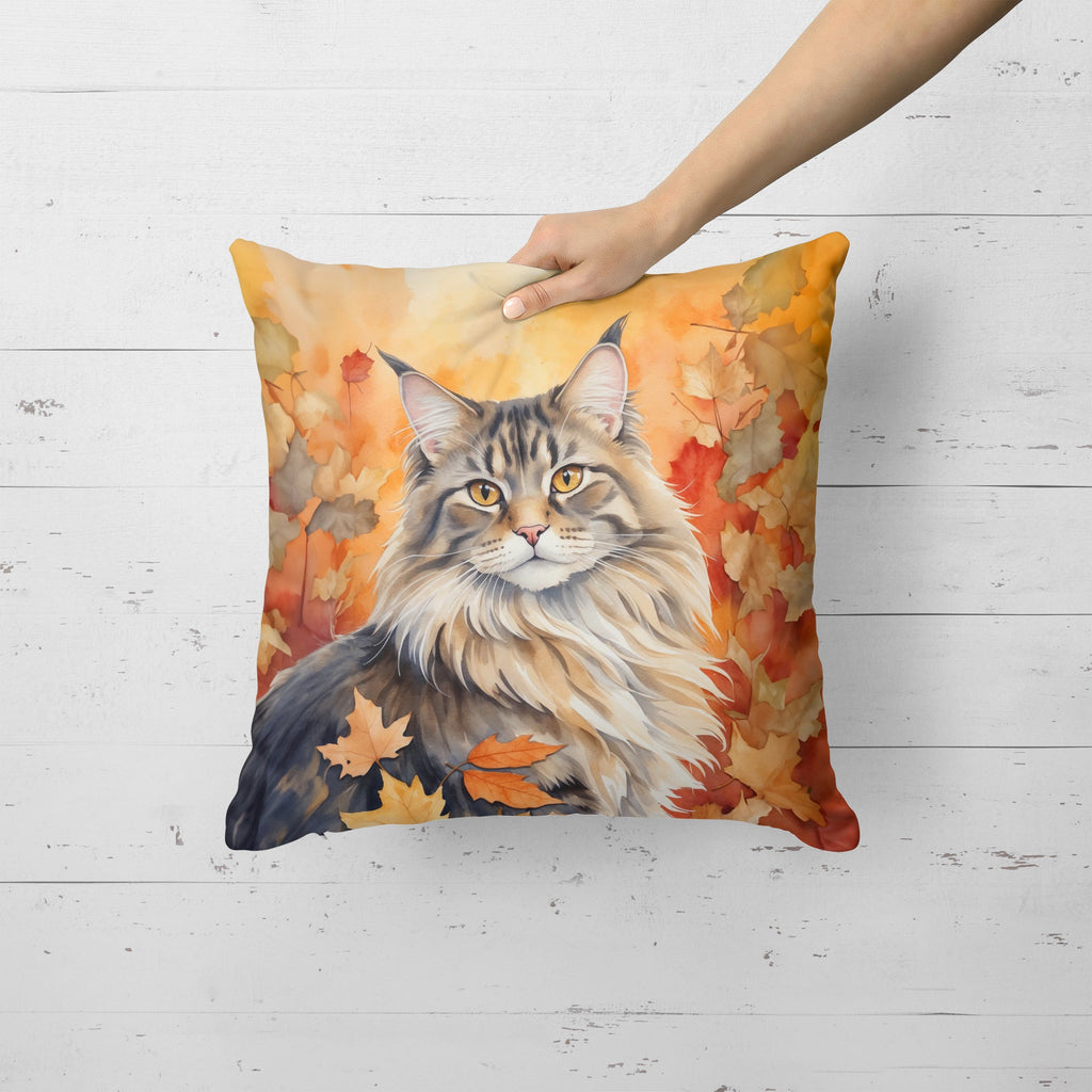 MaineCoon Cat in Fall Leaves Decorative Throw Pillow 18x18 Indoor Outdoor Accent Cushion, Fabric Cover with Insert for Sofa, Bed, Porch & Living Room