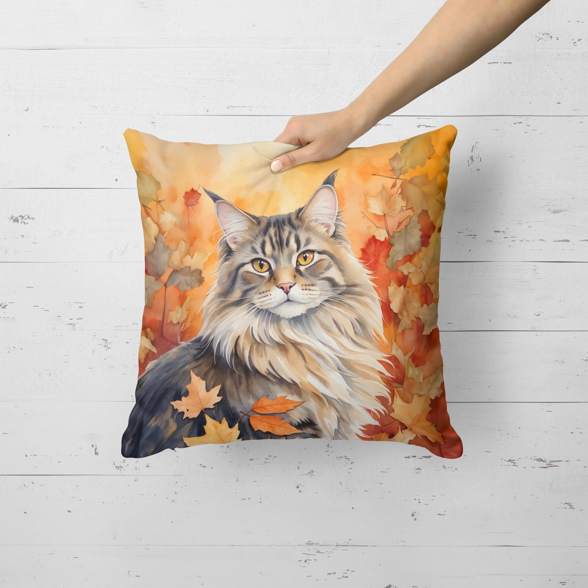 MaineCoon Cat in Fall Leaves Decorative Throw Pillow 18x18 Indoor Outdoor Accent Cushion, Fabric Cover with Insert for Sofa, Bed, Porch & Living Room