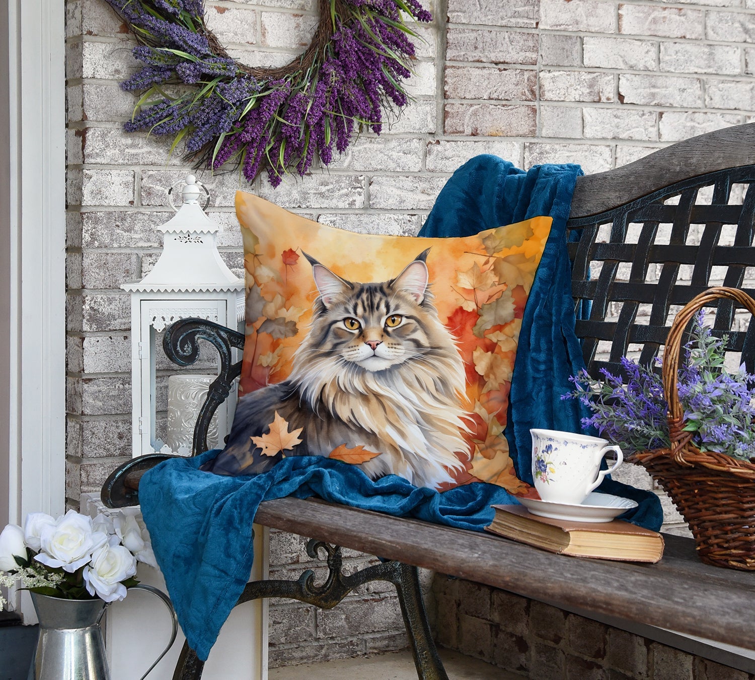 MaineCoon Cat in Fall Leaves Decorative Throw Pillow 18x18 Indoor Outdoor Accent Cushion, Fabric Cover with Insert for Sofa, Bed, Porch & Living Room