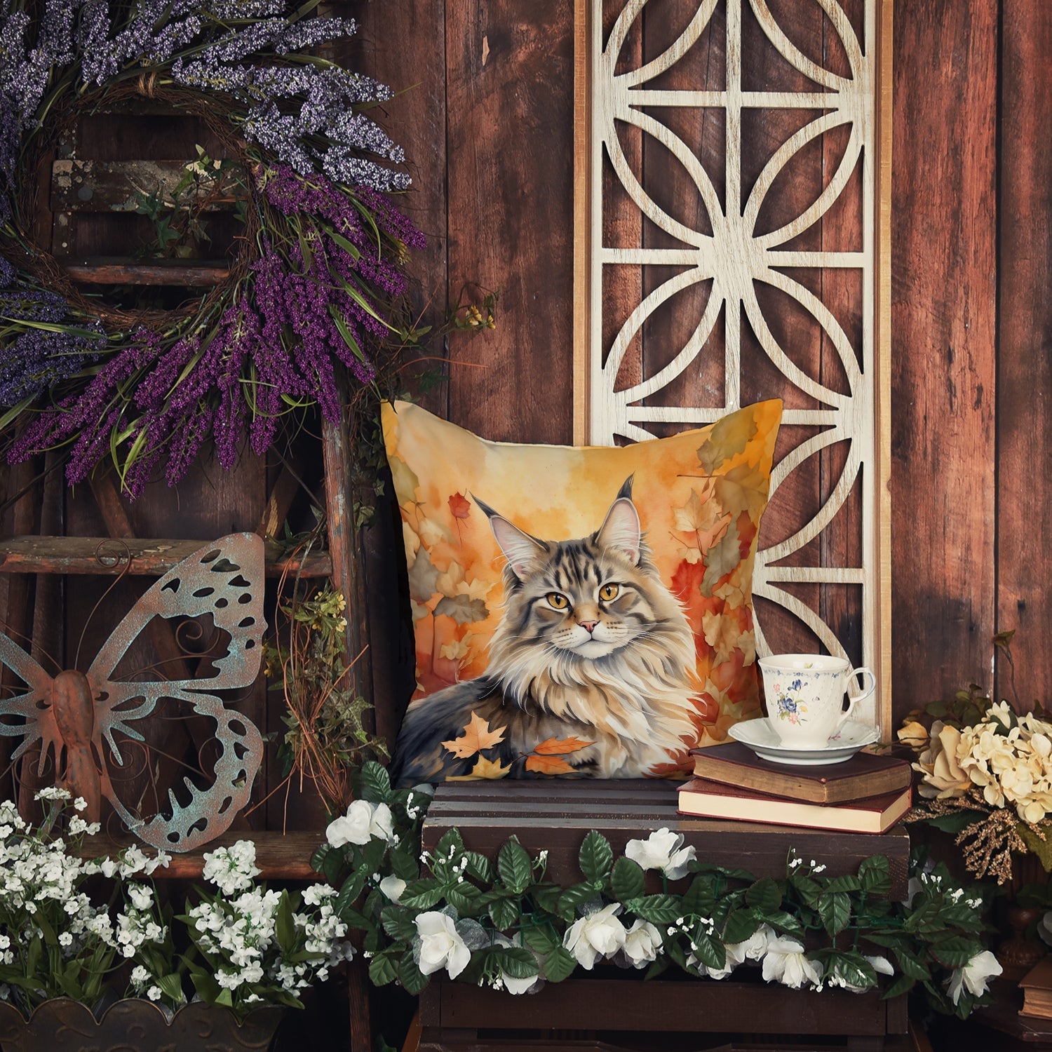 MaineCoon Cat in Fall Leaves Decorative Throw Pillow 18x18 Indoor Outdoor Accent Cushion, Fabric Cover with Insert for Sofa, Bed, Porch & Living Room