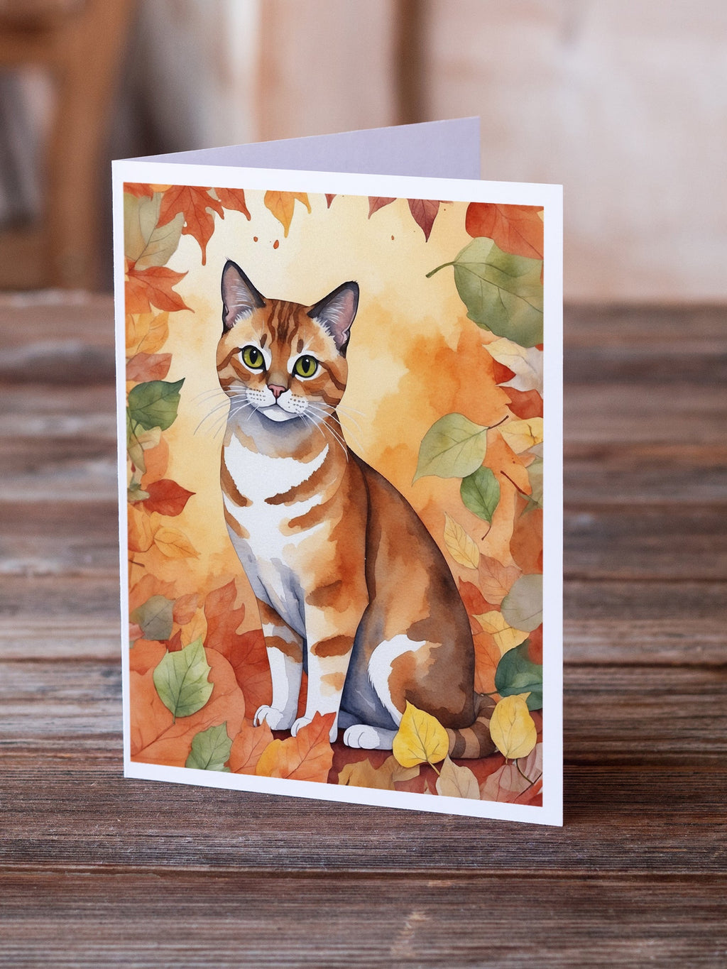 Malayan Cat in Fall Leaves Greeting Cards Pack of 8 Blank Cards with Envelopes Whimsical A7 Size 5x7
