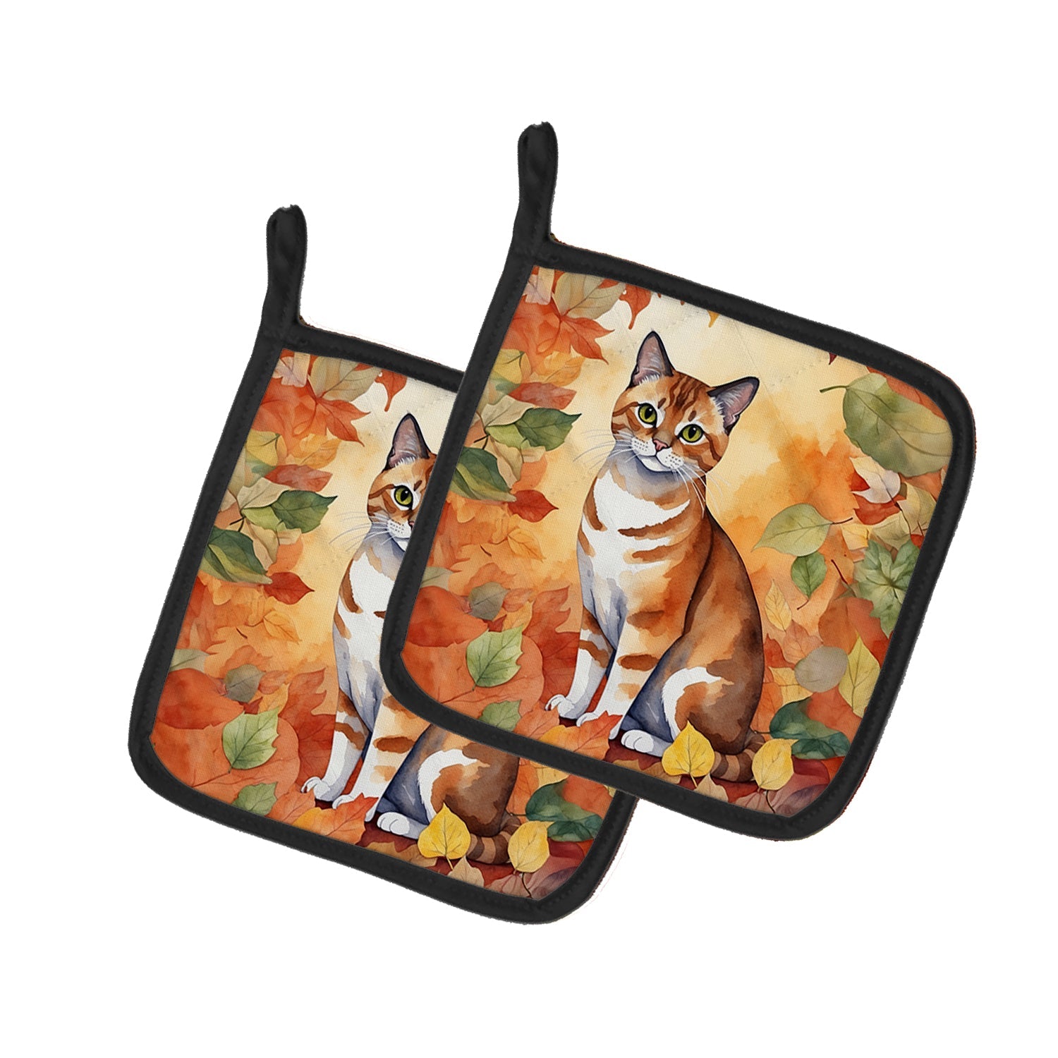 Malayan Cat in Fall Leaves Pot Holder Set of 2 Heat Resistant Quilted Hot Pads 7.5 x 7.5 Inch, Insulated Kitchen Trivets for Cooking & Baking