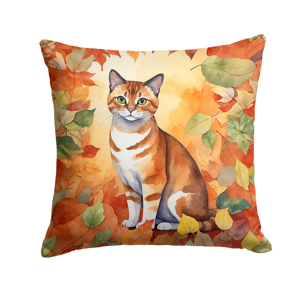 Malayan Cat in Fall Leaves Decorative Throw Pillow 14x14 Indoor Outdoor Accent Cushion, Fabric Cover with Insert for Sofa, Bed, Porch & Living Room