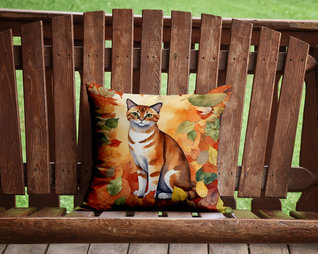 Malayan Cat in Fall Leaves Decorative Throw Pillow 14x14 Indoor Outdoor Accent Cushion, Fabric Cover with Insert for Sofa, Bed, Porch & Living Room