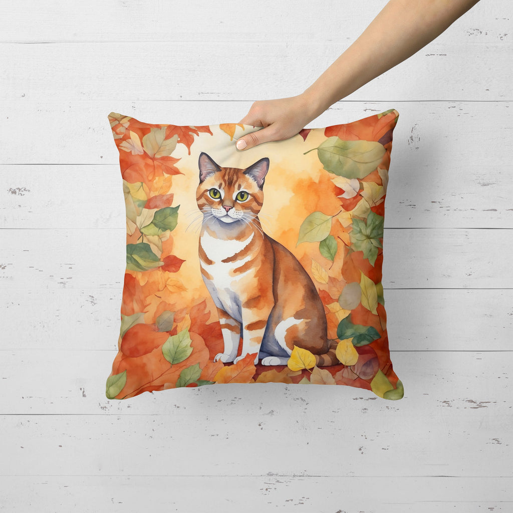 Malayan Cat in Fall Leaves Decorative Throw Pillow 18x18 Indoor Outdoor Accent Cushion, Fabric Cover with Insert for Sofa, Bed, Porch & Living Room