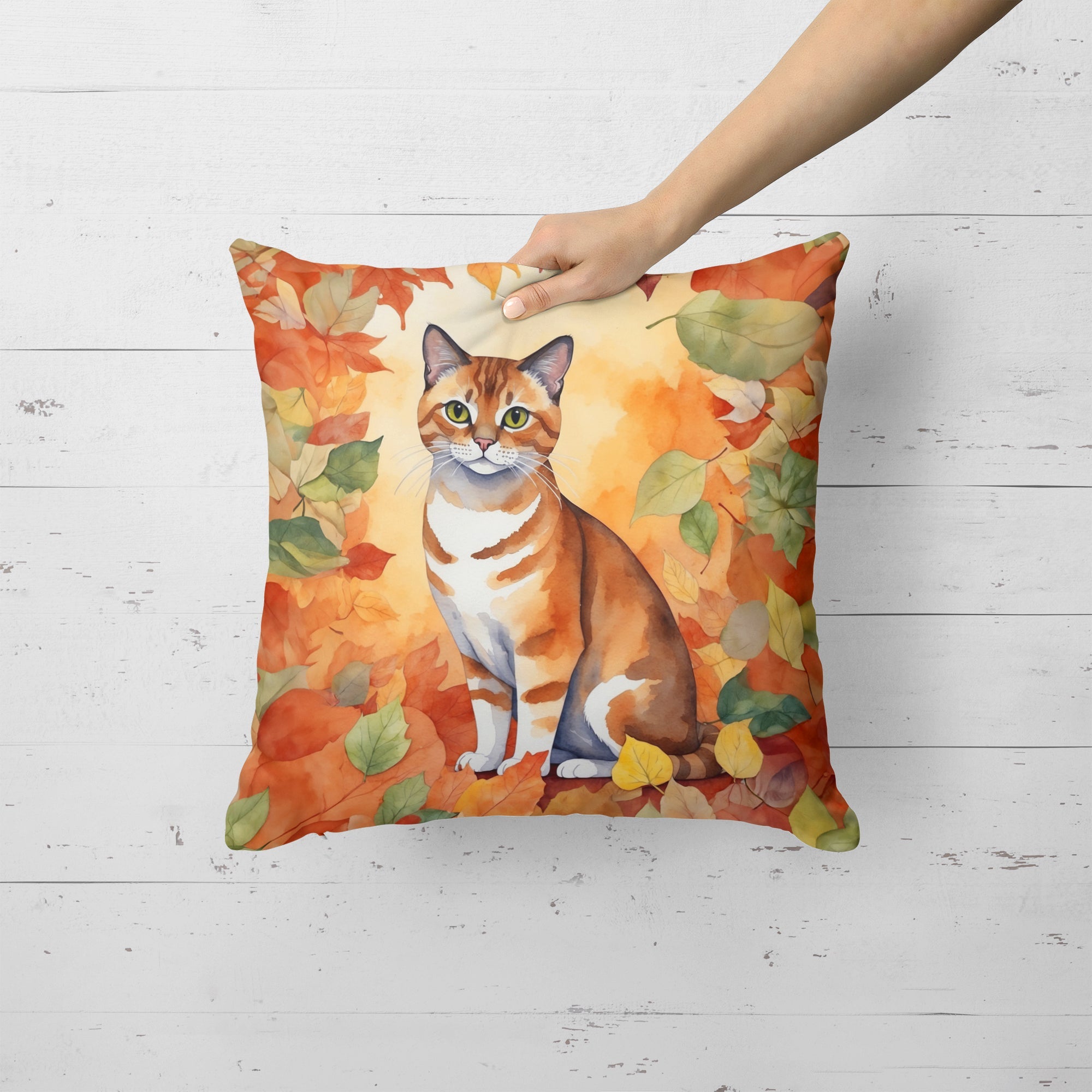 Malayan Cat in Fall Leaves Decorative Throw Pillow 18x18 Indoor Outdoor Accent Cushion, Fabric Cover with Insert for Sofa, Bed, Porch & Living Room