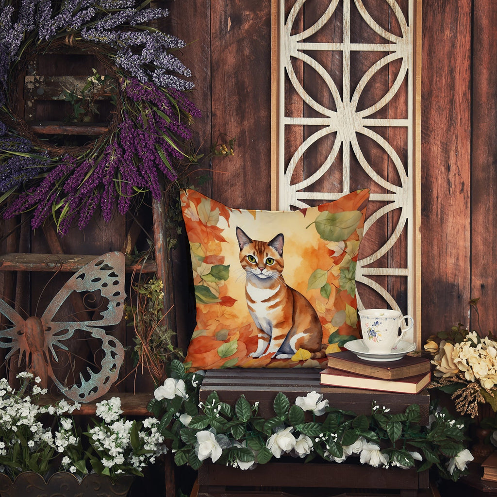 Malayan Cat in Fall Leaves Decorative Throw Pillow 18x18 Indoor Outdoor Accent Cushion, Fabric Cover with Insert for Sofa, Bed, Porch & Living Room