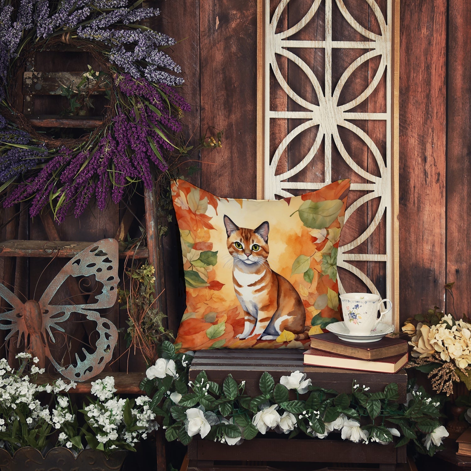 Malayan Cat in Fall Leaves Decorative Throw Pillow 18x18 Indoor Outdoor Accent Cushion, Fabric Cover with Insert for Sofa, Bed, Porch & Living Room